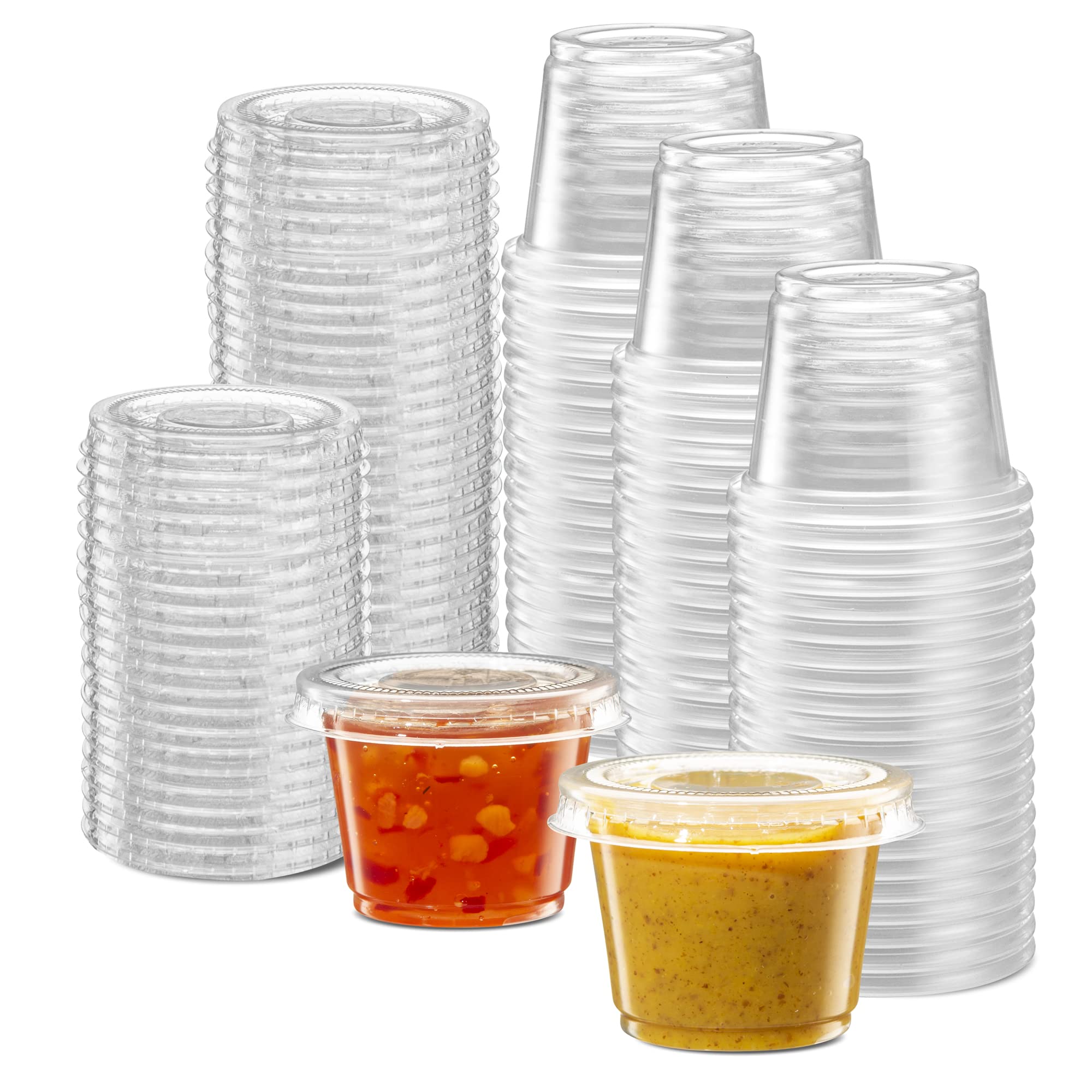 (1 oz - 200 Sets) Clear Disposable Plastic Portion Cups with Lids - Small Mini Containers for Portion Control, Jello Shots, Meal Prep, Sauces & Condiments - Perfect for Parties, Catering, Restaurants & Home Use