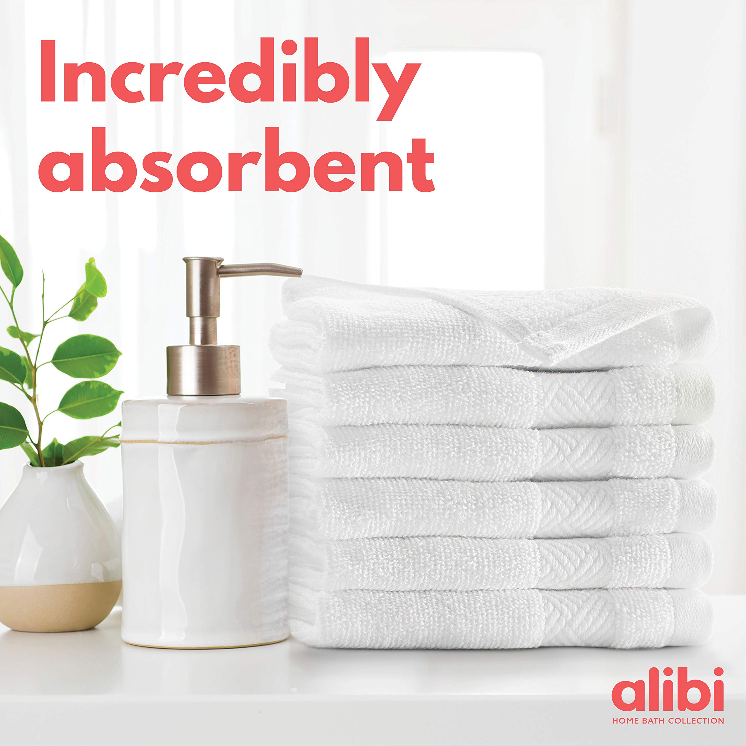 Alibi Washcloth Face & Body Towel Set - 12 Pack Soft & Absorbent 13”x13” Luxury Cotton Small Towels | Thick Plush Bath Towels with Decorative Stripe & Woven Border | Machine Washable for Home, Hotel & Spa Use | Perfect for Skincare, Baby Care & Travel Essentials | White