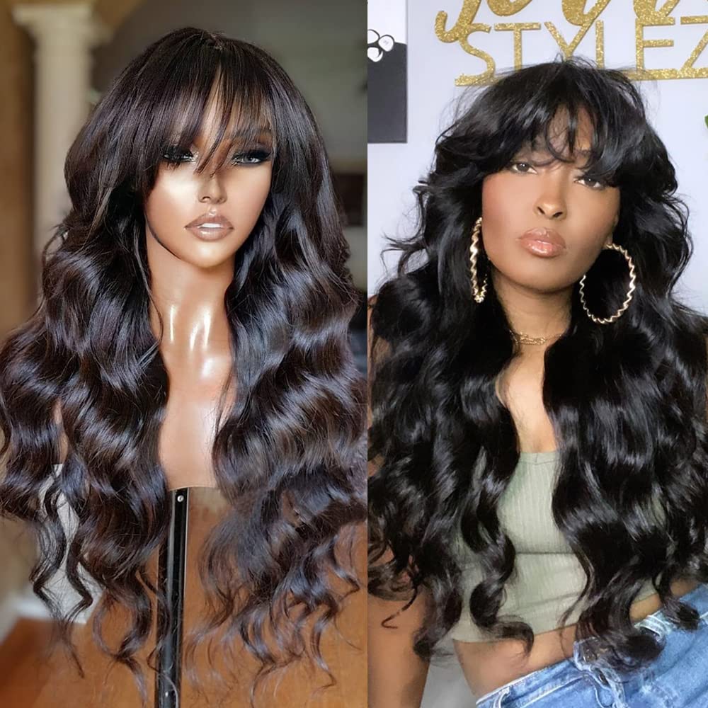 180% Density Brazilian Wavy Human Hair Wig with Bangs for Black Women - O Scalp Top Full Machine Made 24 Inch | Natural Looking Everyday Wear & Special Occasions