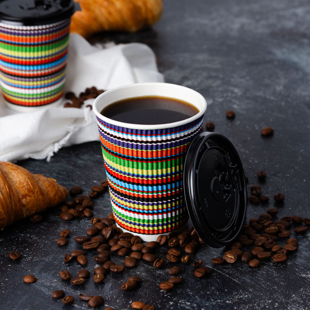 Eco-Friendly Insulated Ripple Color Striped Paper Coffee Cups with Lids - 12oz Hot/Cold Beverage Containers for Office, Cafe, and Home Use