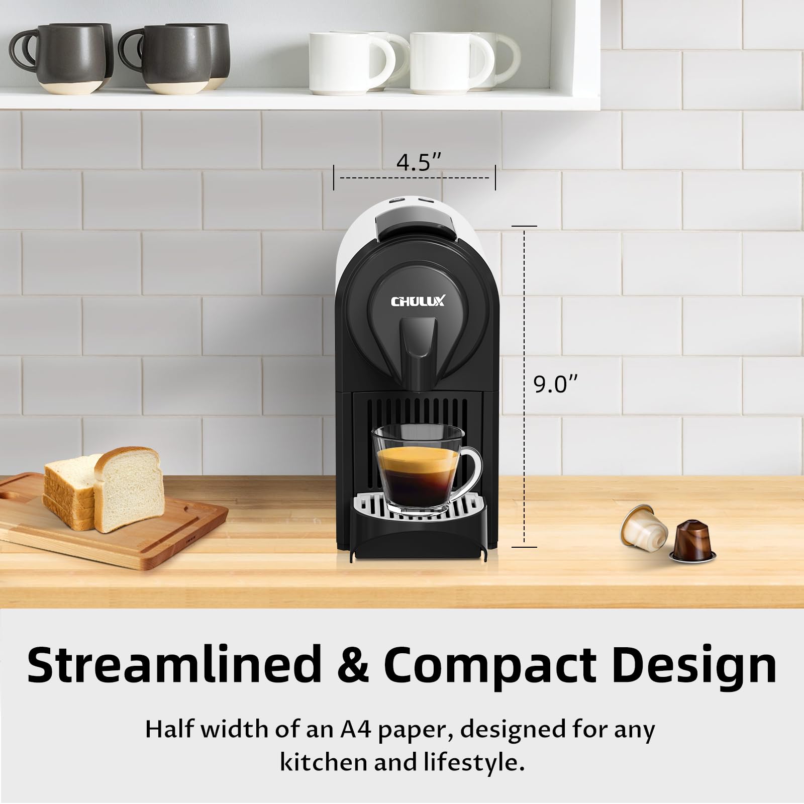 CHULUX Bafè-Pro Mini Espresso Machine for Nespresso Original Capsules - 20 Bar Pressure Single Serve Coffee Maker with Silver Drip Tray - Perfect for Home, Office & Small Spaces - Makes Rich Espresso & Lungo Coffee