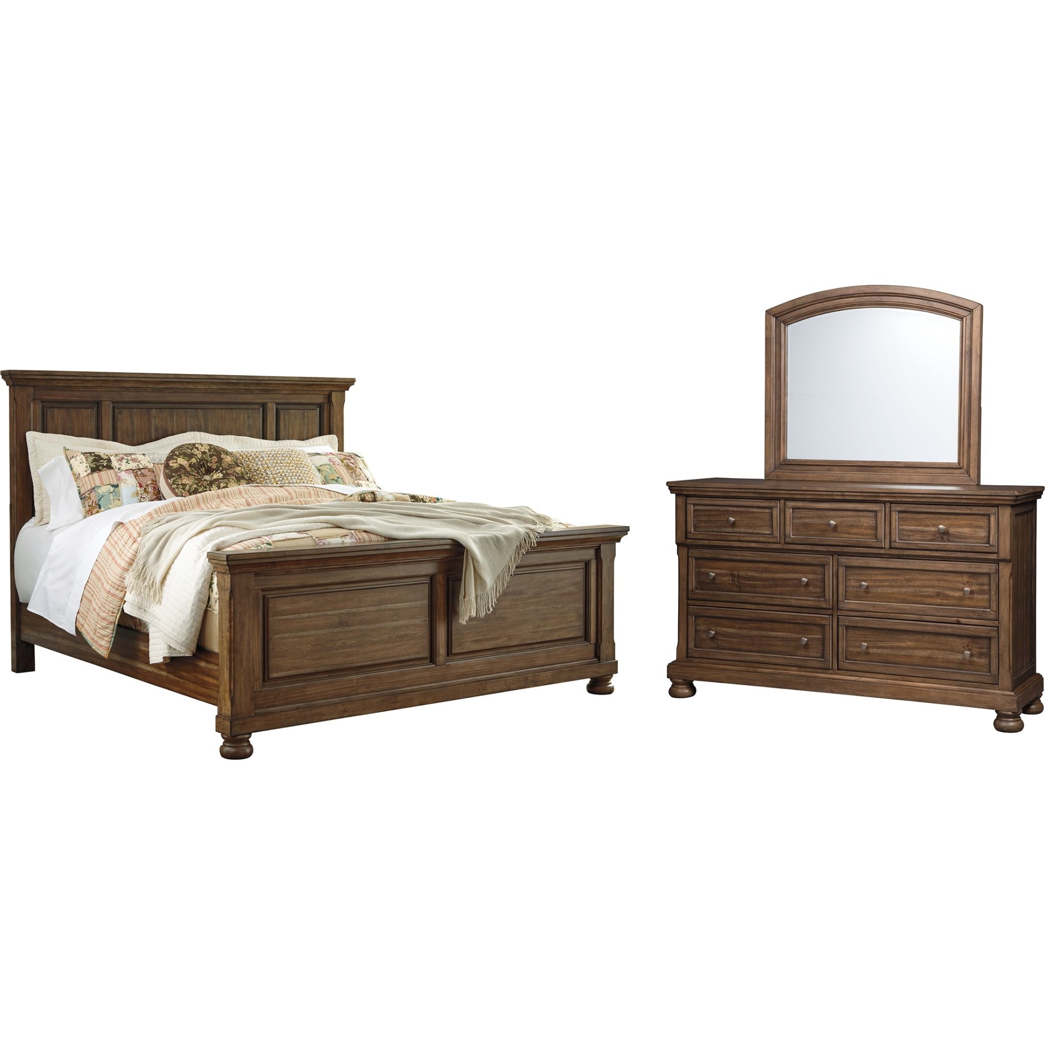 Baymore 5-Piece Bedroom Furniture Set - Queen Size Bed, Nightstand, Dresser & Mirror in Medium Brown Finish | Perfect for Master Bedroom, Guest Room & Apartment Decor