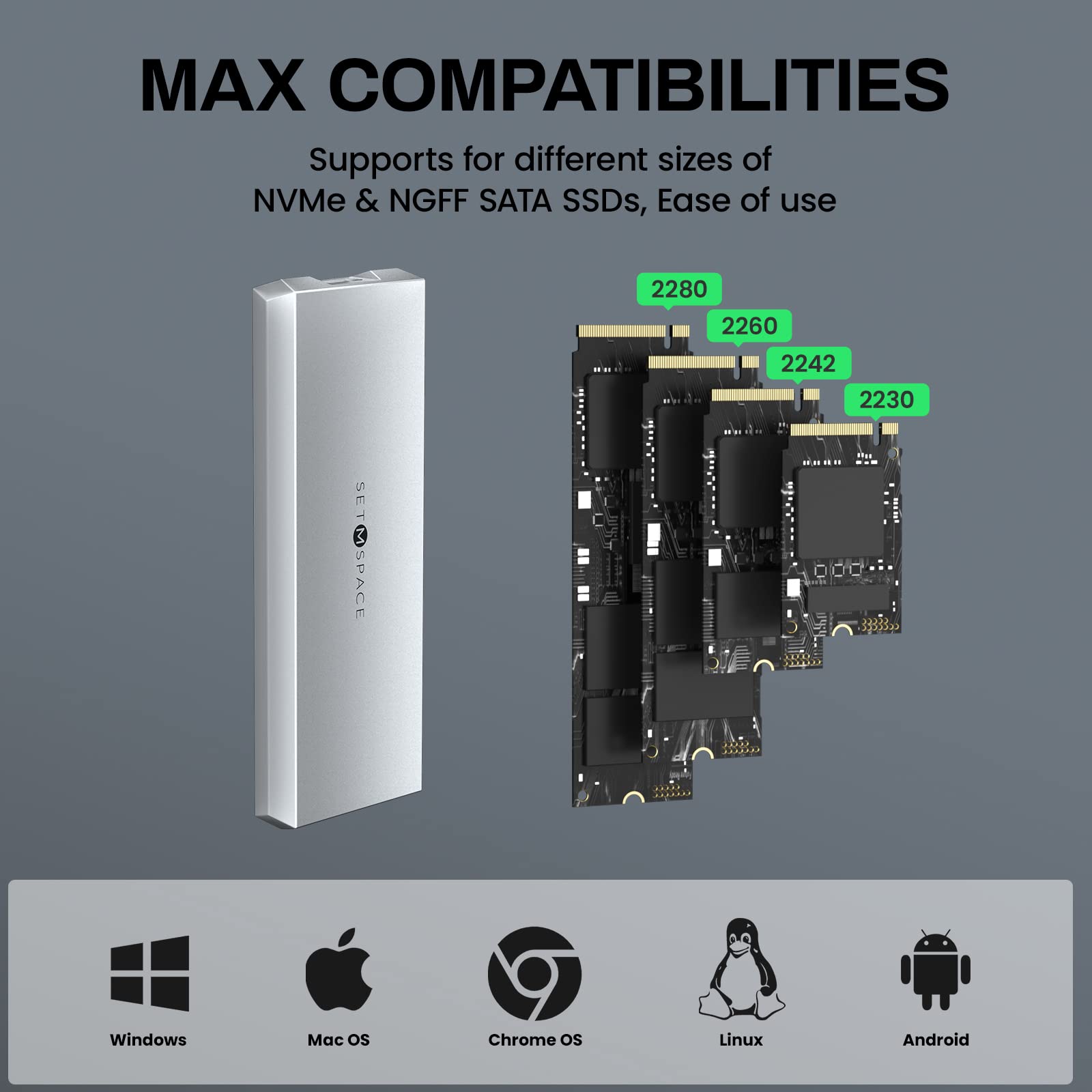 10Gbps NVME & SATA SSD Enclosure - Durable Aluminum Alloy Case for M-Key M.2 Drives (2230/2242/2260/2280) with USB-C/A Cables | Fast External Storage Solution for Gamers, Content Creators & Professionals