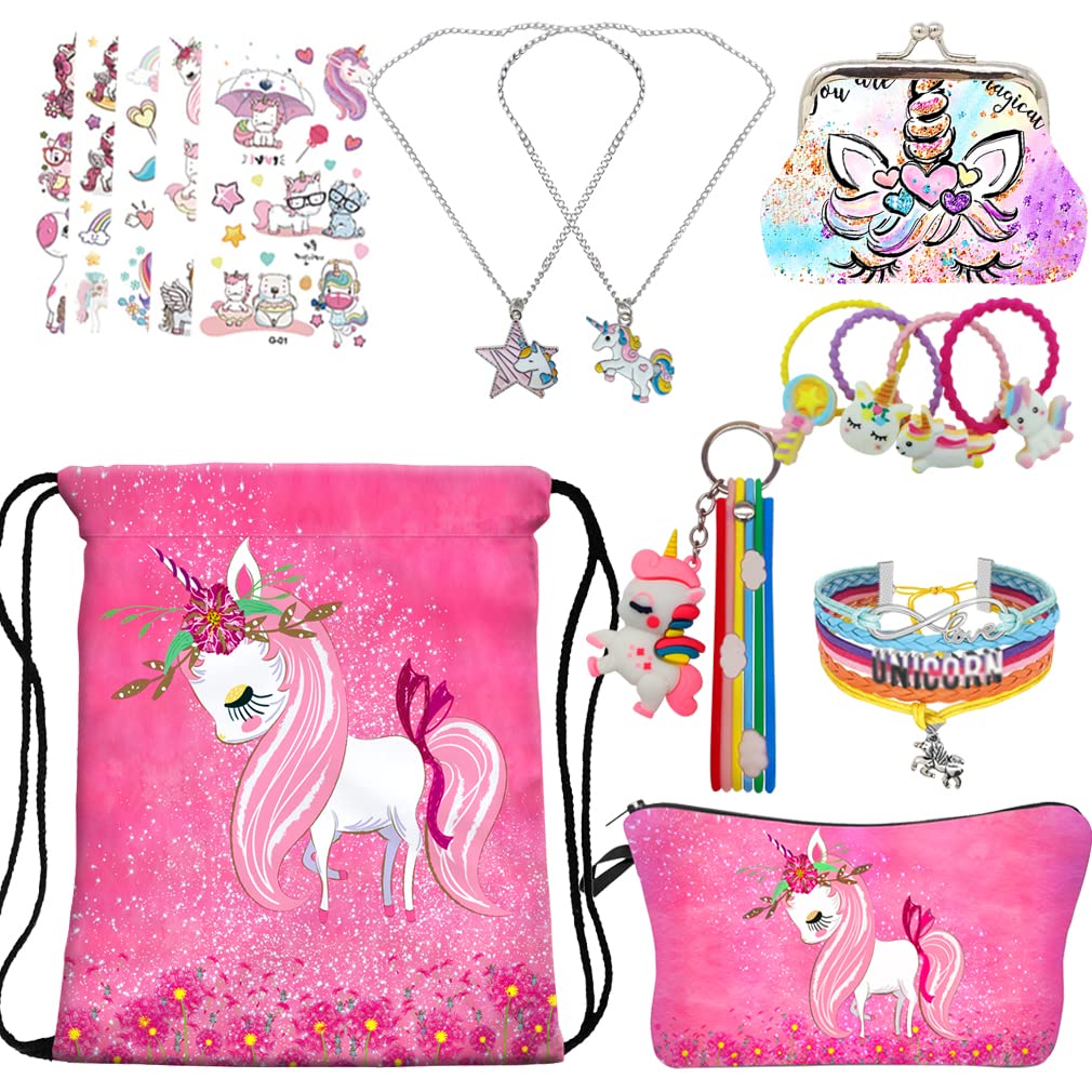 RLGPBON Unicorn Gifts for Girls - Cute Drawstring Backpack, Makeup Pouch, Pendant Necklace, Bracelet & Hair Ties Set (Pink) - Perfect for Birthday, Christmas & School Accessories
