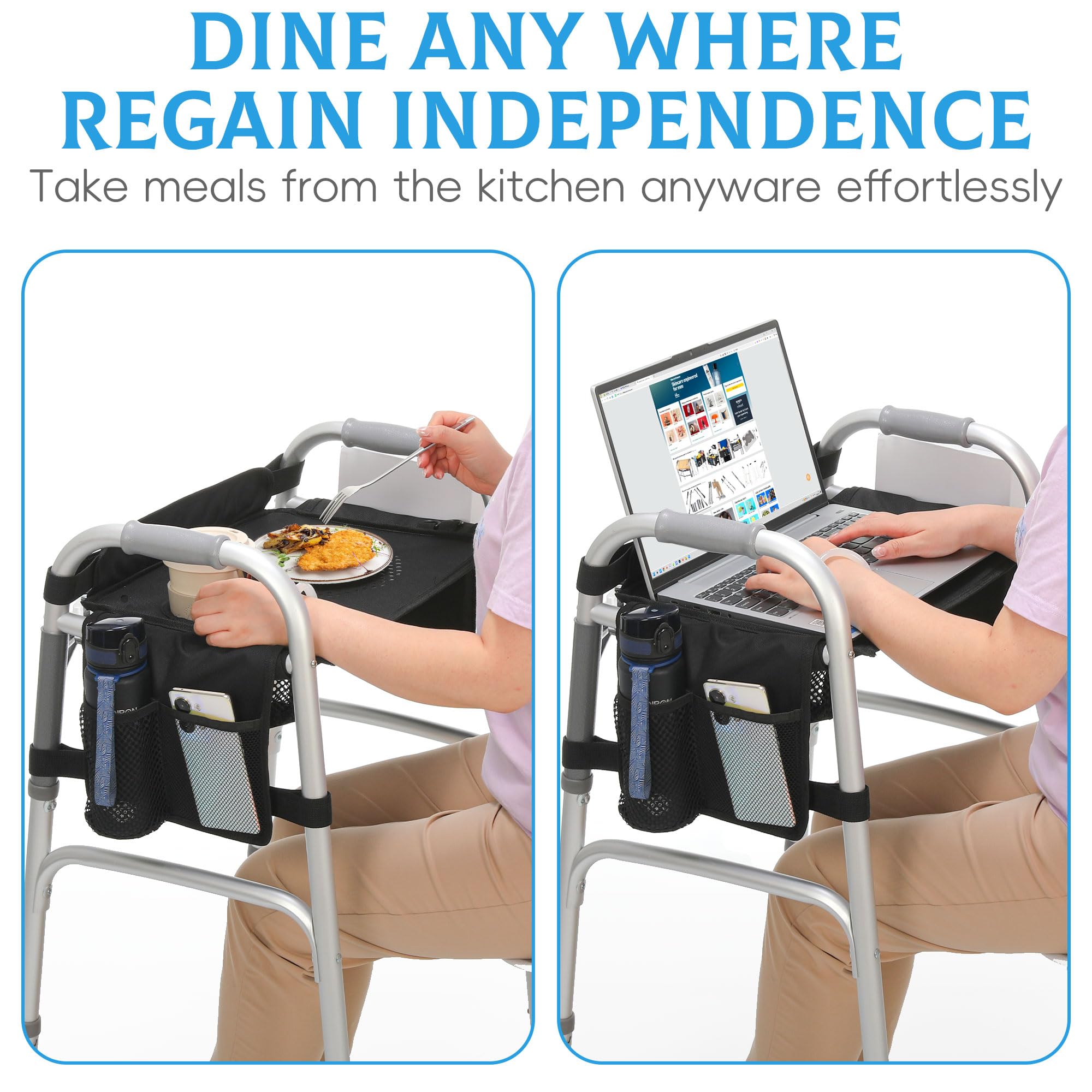 **Walker Tray with Cup Holder & Non-Slip Mat - Removable Mobility Tray for Seniors | Fits Most Standard Folding Walkers | Includes Storage Pockets | Perfect for Meals, Reading & Daily Activities**