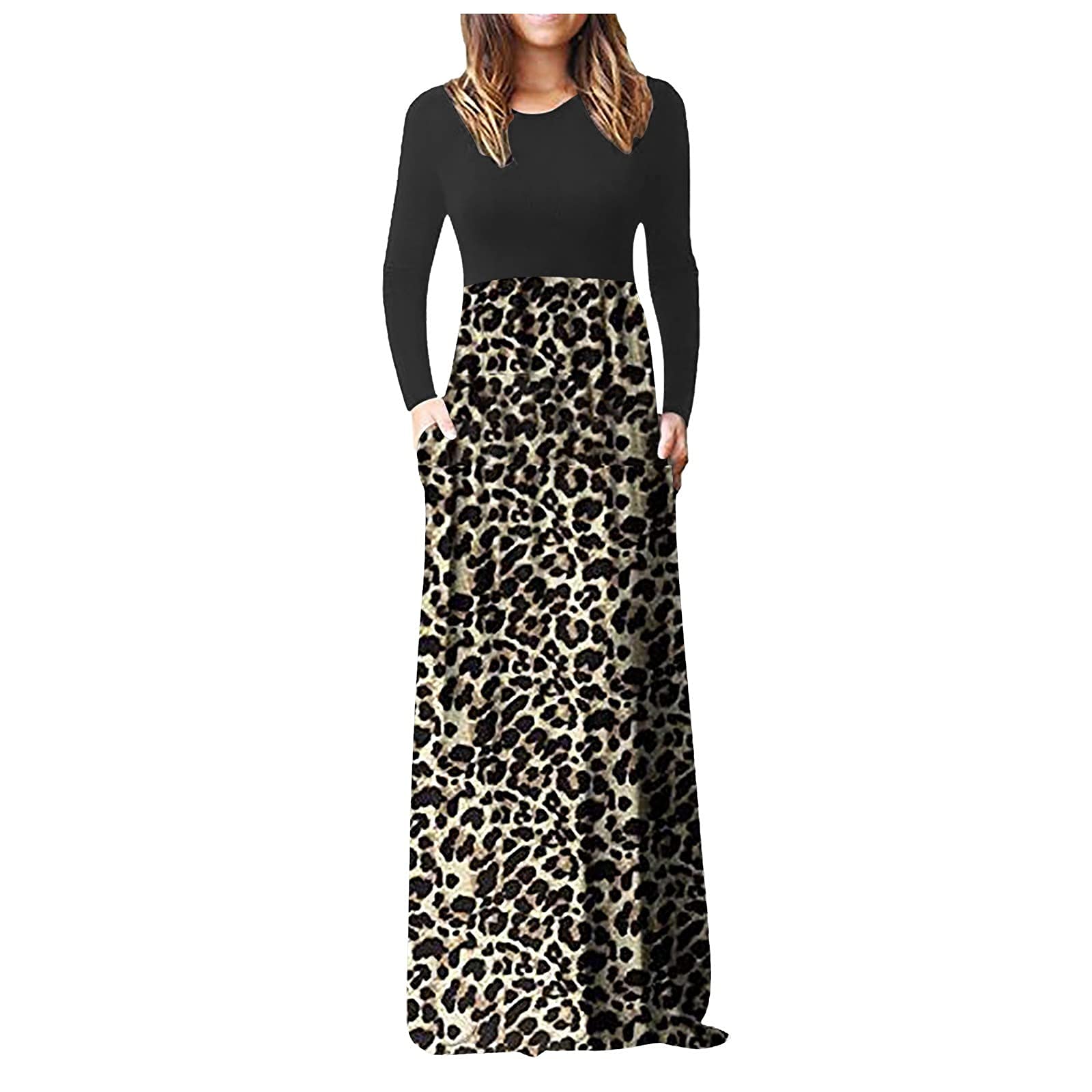Women's Long Sleeve Plaid Maxi Dress - Casual Loose Fit Color Block Design with Pockets | Perfect for Fall Outfits, Office Wear & Weekend Brunch