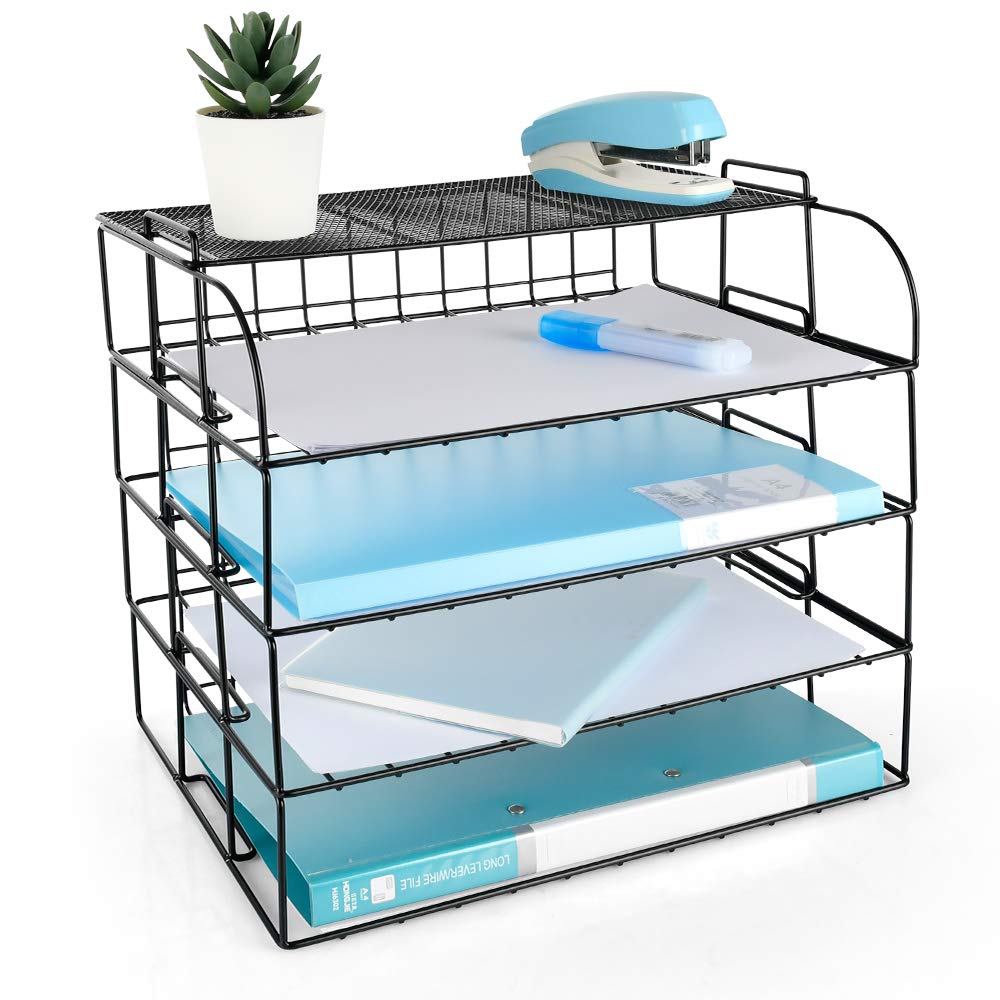 Spacrea 4-Tier Stackable Letter Tray Desk Organizer - Black File Holder with Upper Display Shelf for Paper, Documents & Office Supplies | Perfect for Home Office, School & Workspace Organization