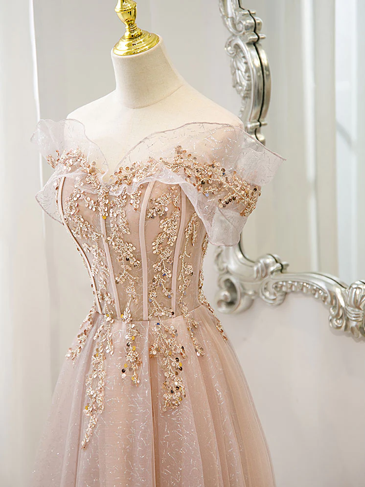 Off The Shoulder A-Line Tulle Long Prom Dress for Women - Elegant Formal Evening Gown for Homecoming, Wedding, and Special Occasions