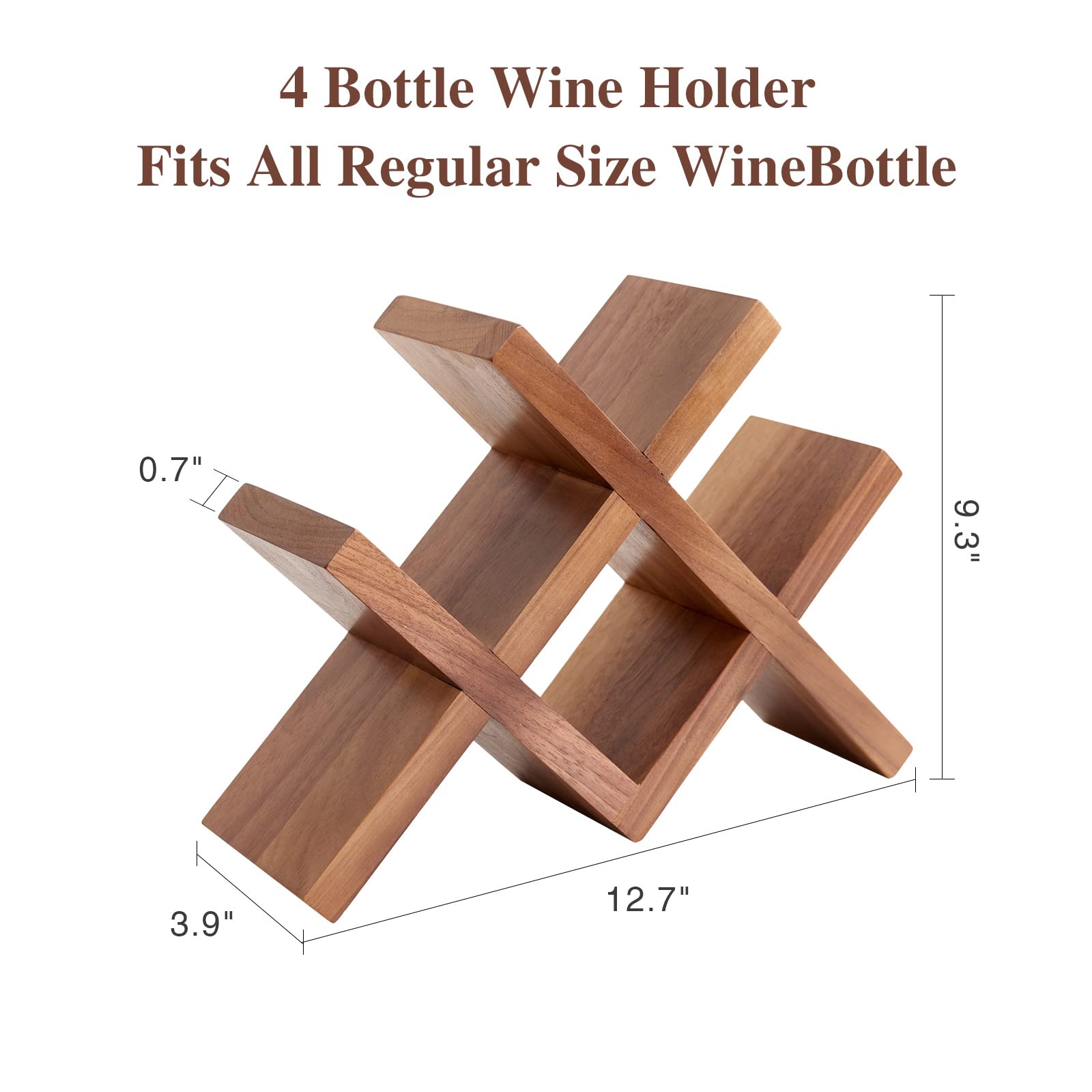 Solid Oak Wood Countertop Wine Rack - 4 Bottle Holder for Wine, Beer & Drinks - Durable Walnut Organizer for Home Bar, Kitchen & Cellar - Perfect for Entertaining & Space Saving Storage