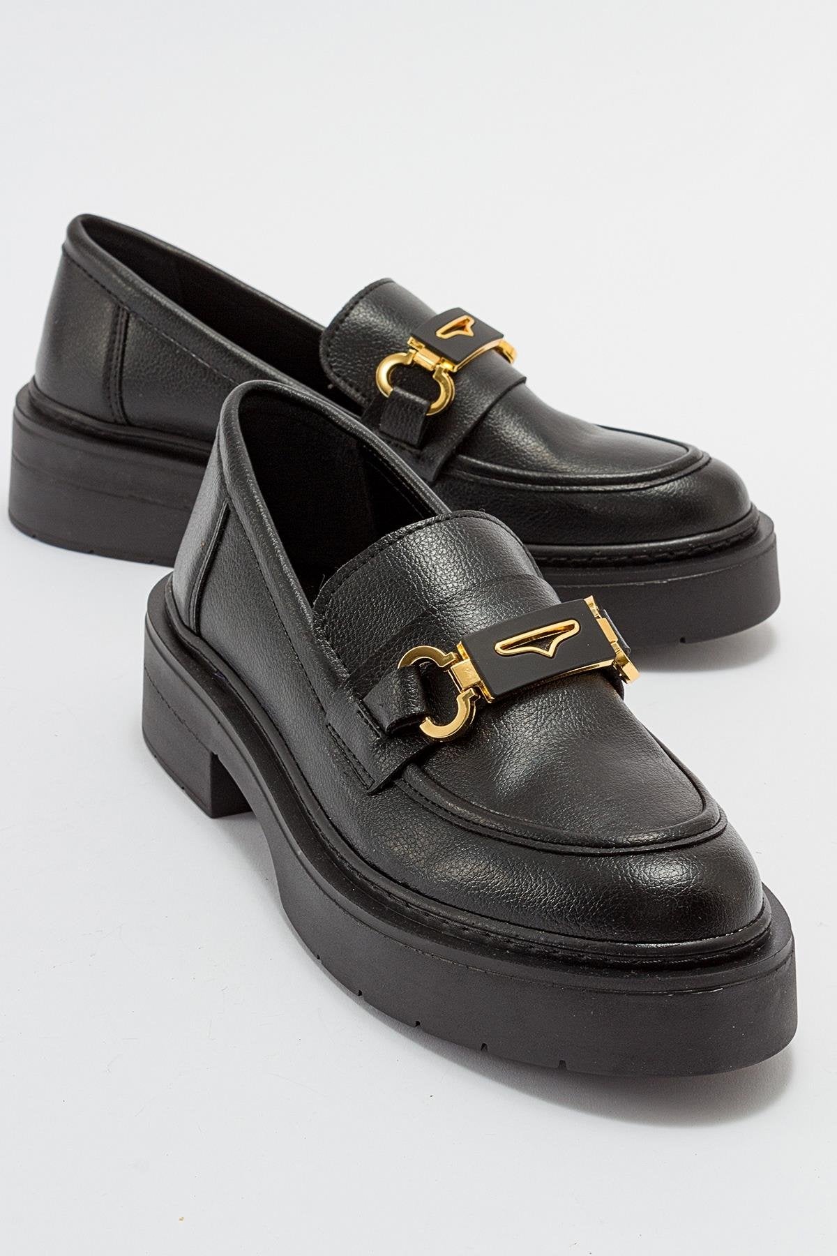 Simone Black Bit Platform Loafers for Women - Comfortable Slip-On Dress Shoes for Office, Business & Casual Wear | Stylish Chunky Heel Loafers for Work & Everyday Outfits
