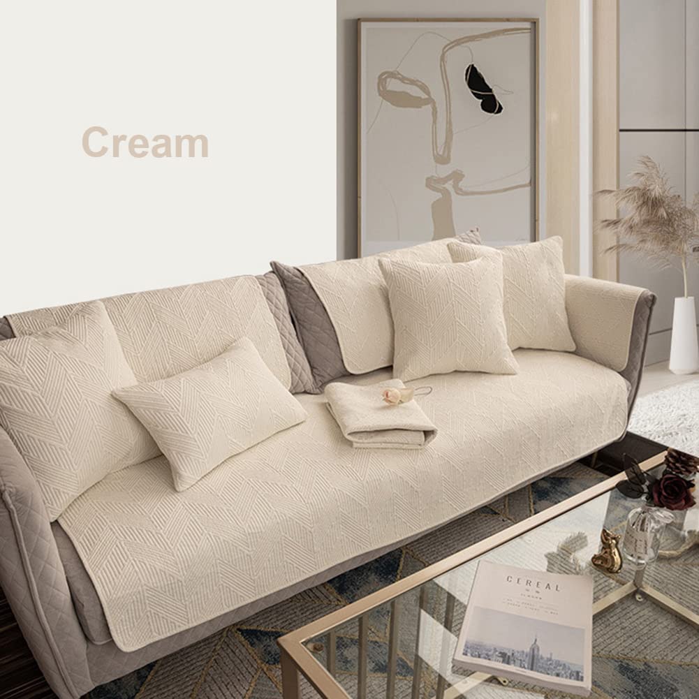 Geometric Cotton Quilted Sofa Cover - Non-Slip Farmhouse Style Sectional Couch Slipcover - Soft Furniture Protector for Pets, Kids & Dogs - Cream Color 28