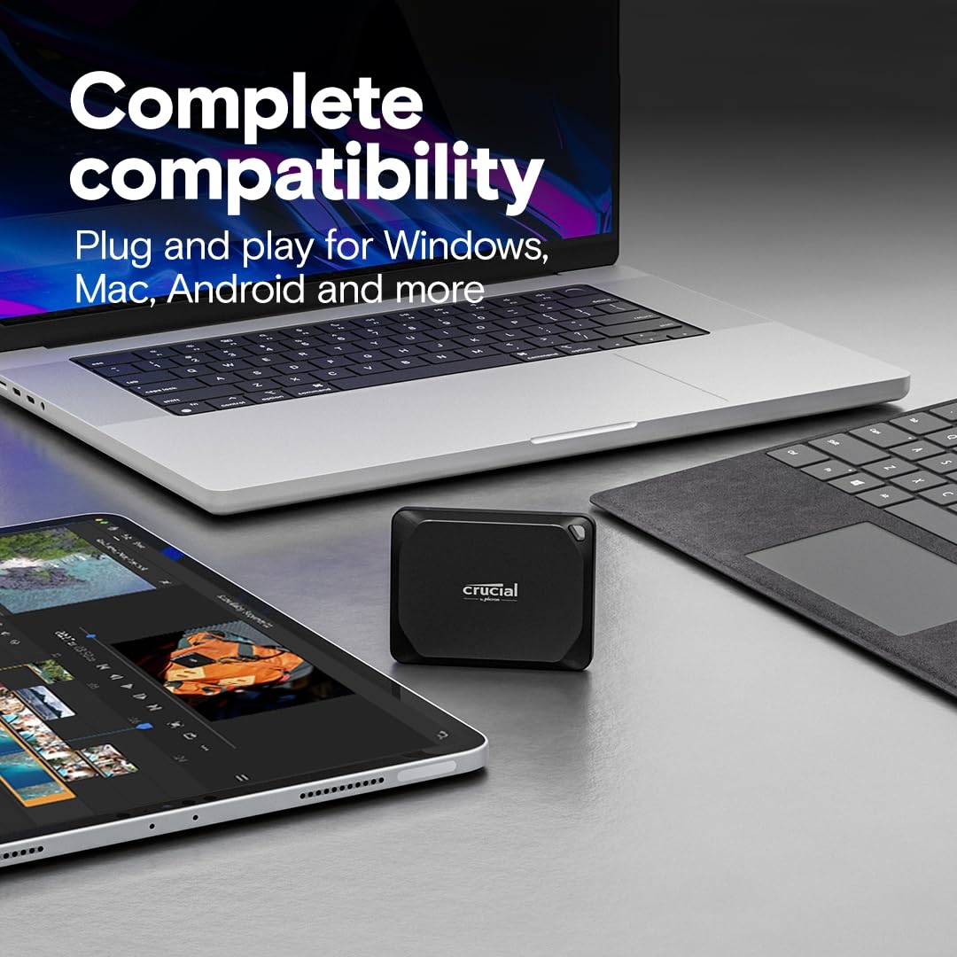 Crucial X10 Pro 1TB Portable External SSD - USB-C 3.2 & USB-A Adapter - 2100MB/s Read, 2000MB/s Write - High-Speed External Solid State Drive for PC & Mac - Water & Dust Resistant - Perfect for Gaming, Video Editing & Data Backup
