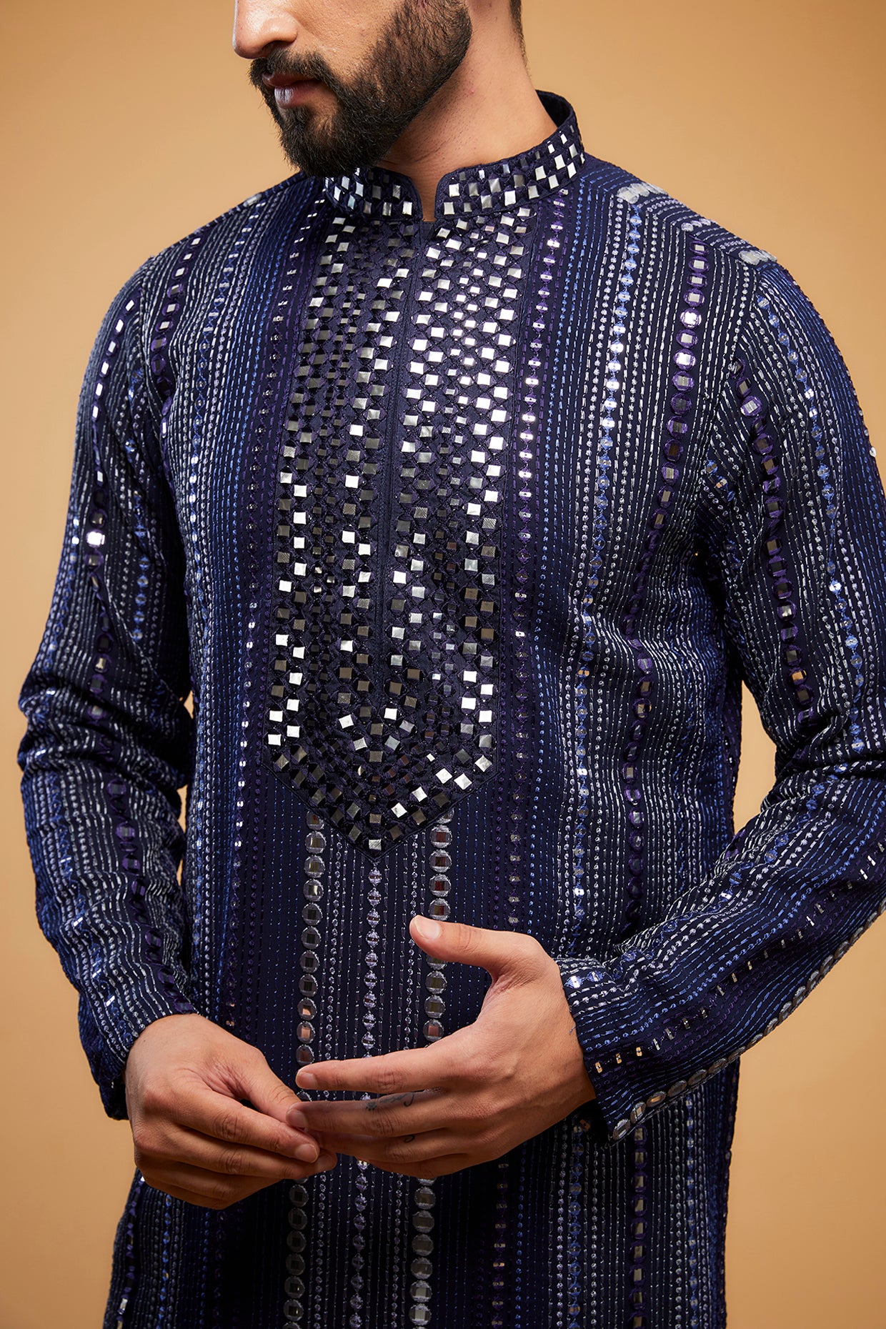 Hand Embroidered Navy Blue Mirror Work Kurta for Women – Elegant Indian Ethnic Wear for Festivals, Weddings & Special Occasions