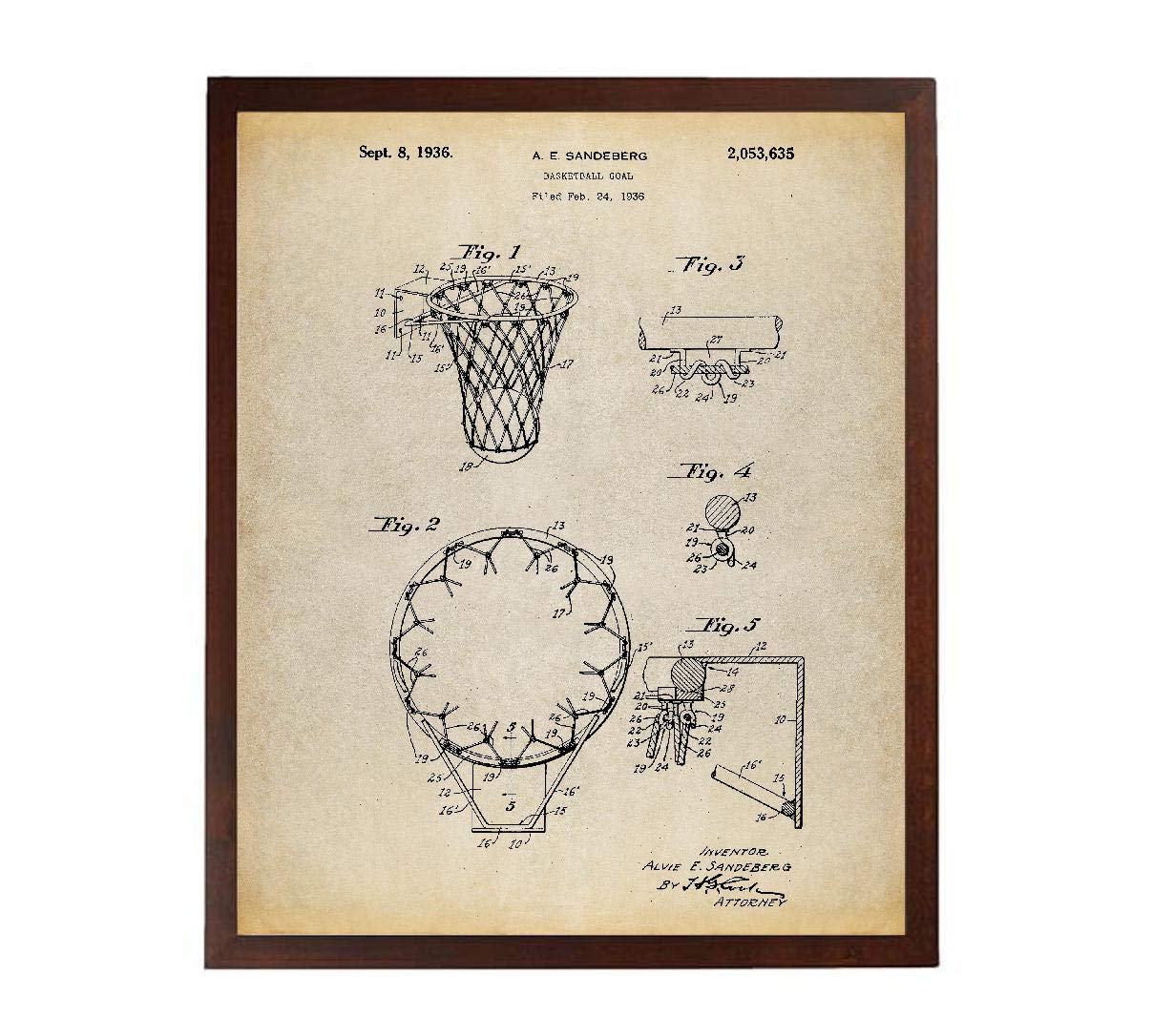 Vintage Basketball Hoop Patent Poster Art Print - Basketball Goal Wall Decor for Coaches & Players - Perfect Gift for Basketball Fans - Home, Office, Gym & Man Cave Decor TNP186