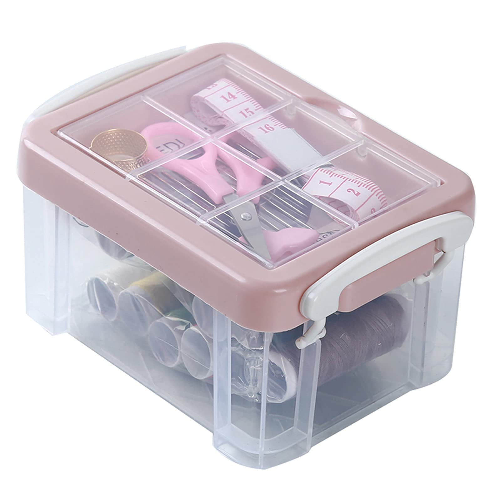 Flybloom Clear Plastic Sewing Kit Box - Portable Sewing Tools Storage Organizer for Home, Travel & DIY Projects - Pink
