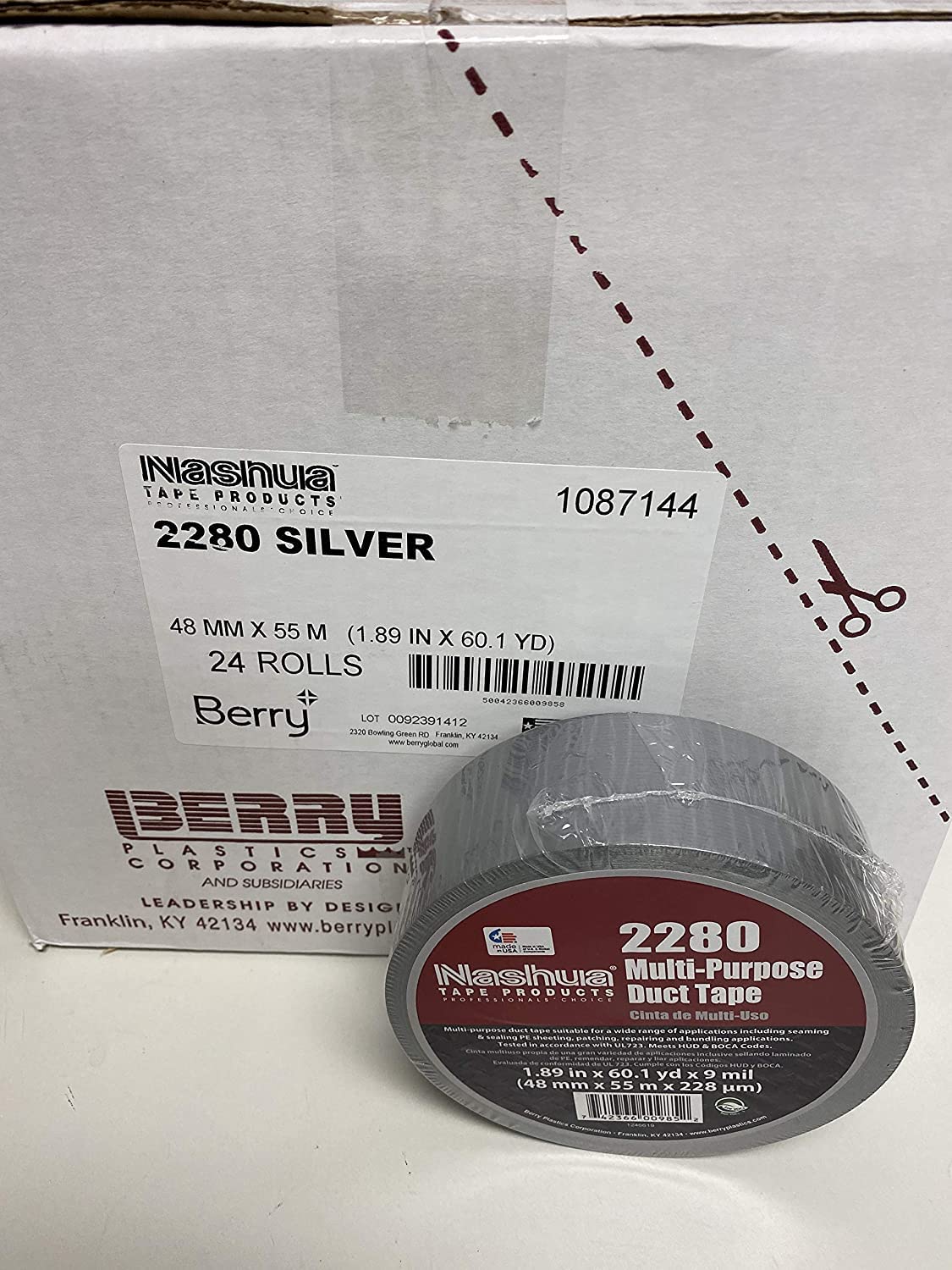 Nashua 2280 9 Mil Silver Duct Tape 2 Inch x 60 Yards - Heavy Duty Adhesive Tape for Home Repairs, HVAC, and Industrial Use - 24 Pack