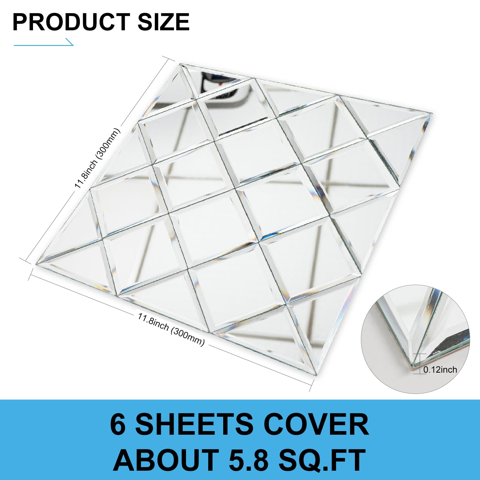 Self-Adhesive Peel and Stick Mirror Tiles - 6 Pack Glass Mosaic Tiles for Kitchen Backsplash, Bathroom Wall Decor, Vanity & Bedroom Accent - Easy DIY Home Improvement & Decorative Wall Stickers