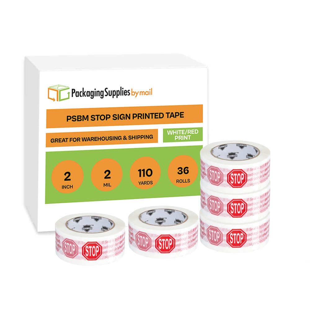 PSBM Broken Seal Tape - 2 Inch x 110 Yards (36 Pack) - Red 'Stop Sign Seal is Broken Check Contents' Warning on White Tape - Heavy Duty Shipping & Packaging Security Tape for Trucks, Warehouses & Parcels