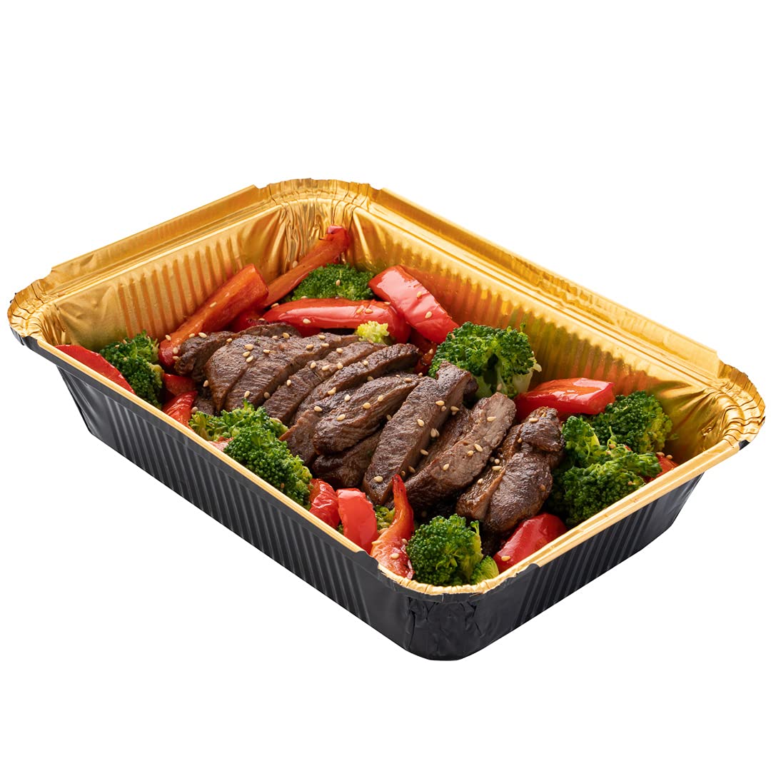 **Restaurantware Foil Lux 41 oz Heavy-Duty Aluminum Takeout Containers - 200 Recyclable Rectangle Black & Gold Foil Pans for Large Meals, Sides, Catering & Freezer Storage**