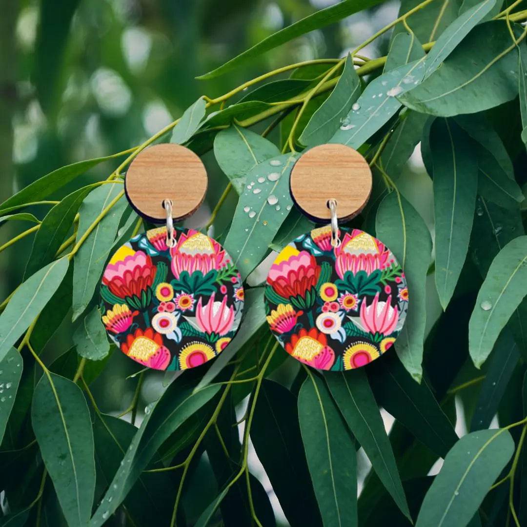 Bush Flowers Australian Wooden Earrings - Handmade Boho Dangle Earrings for Women - Perfect for Festivals, Weddings & Everyday Wear