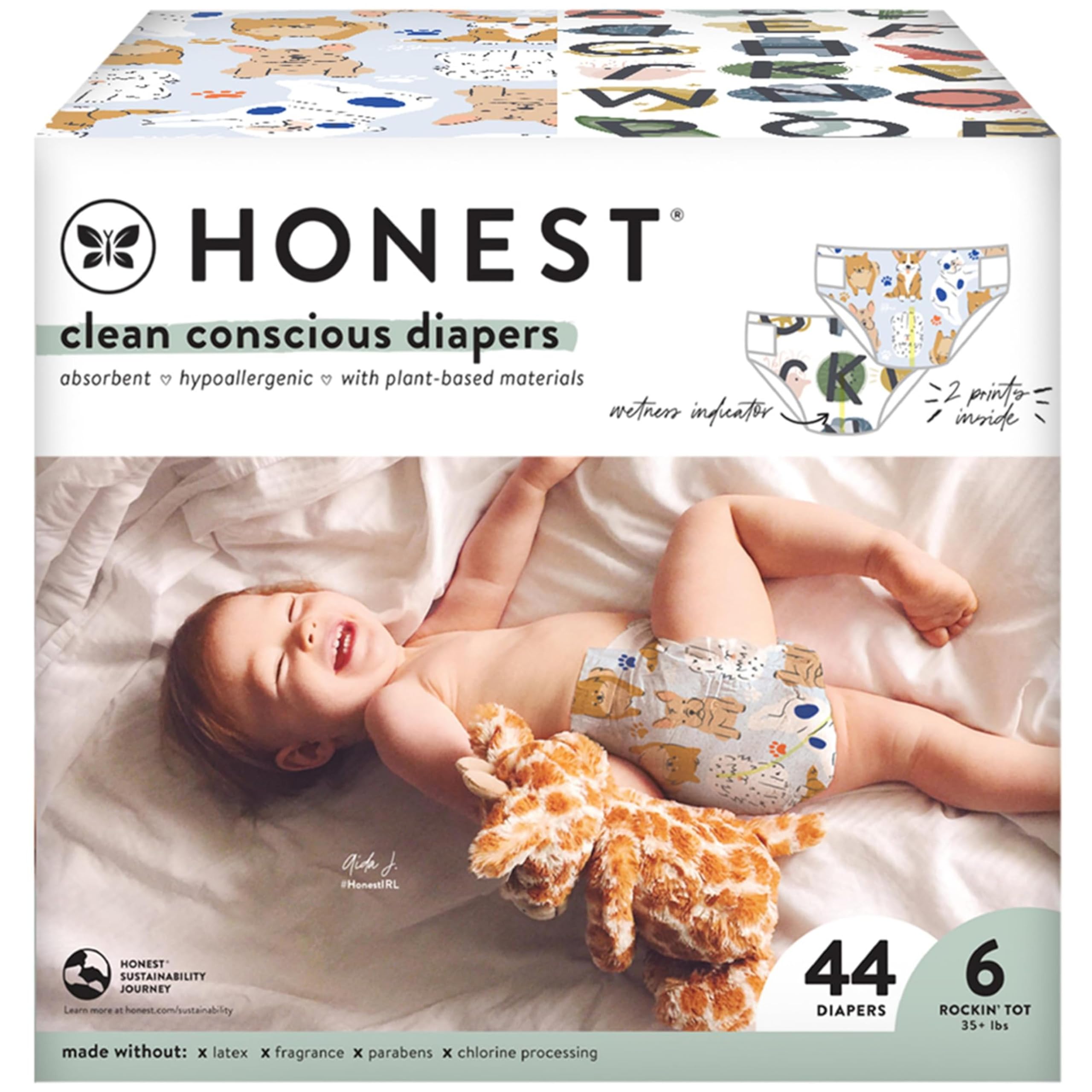The Honest Company Clean Conscious Plant-Based Diapers - Size 6 (35+ lbs), 44 Count | Eco-Friendly, Hypoallergenic, Chlorine-Free | Perfect for Overnight Protection & Sensitive Skin Babies