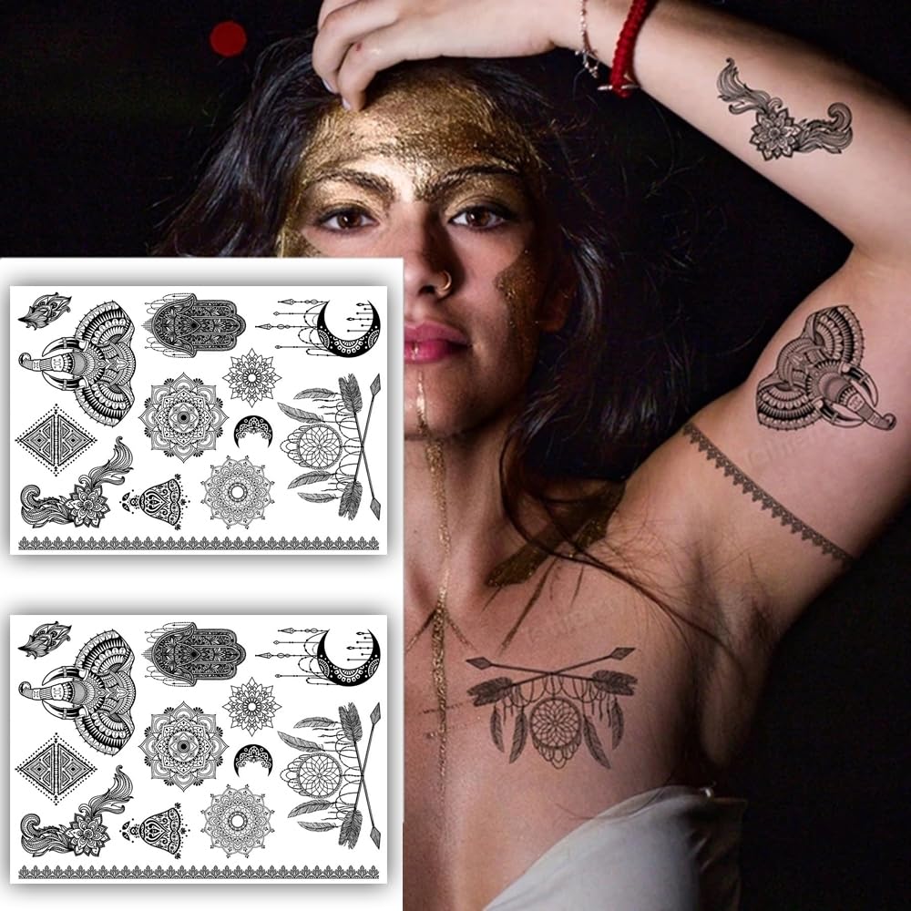 Dreamcatcher & Mandala Temporary Tattoos for Women - 2 Sheets Black Body Art Stickers (21x15cm) with Elephant, Tribal & Hamsa Designs - Perfect for Festivals, Parties & Boho Style