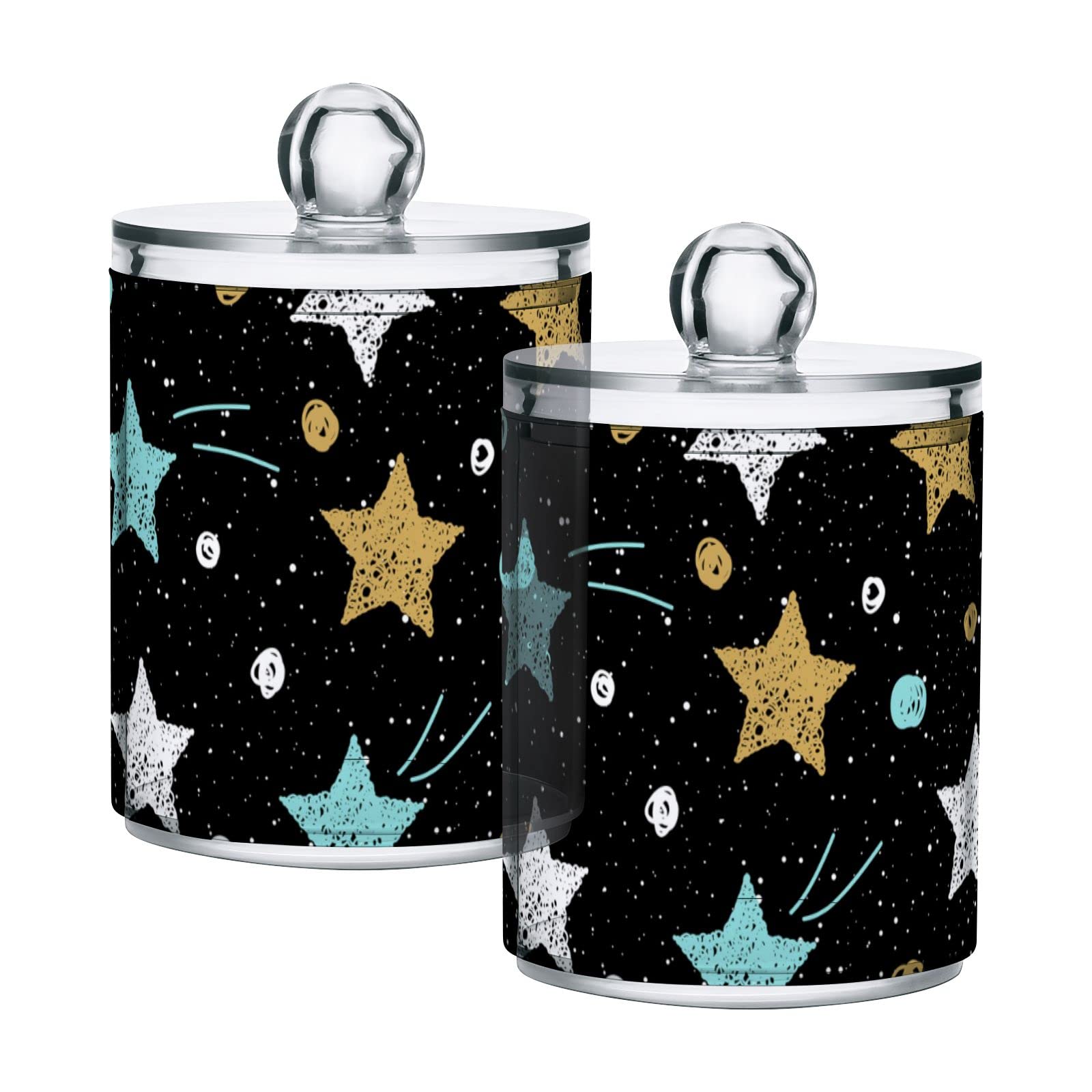 Galaxy Space Plastic Storage Jars with Lids - Set of 4 Translucent 10oz Containers for Cotton Swabs, Tea, Cookies & Food Storage | Doodle Stars Circles Design in Gold, Blue, White & Black | Perfect for Kitchen Organization, Bathroom Essentials & Craft Supplies