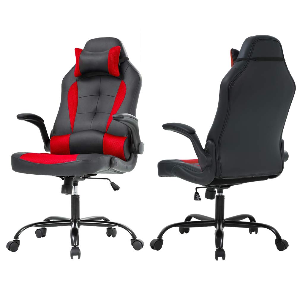 Ergonomic Gaming Chair with Lumbar Support & Head Pillow - Adjustable Leather Office Desk Chair for Home & Computer Work - Modern Executive Swivel Task Chair with Rolling Wheels (Red) - Perfect for Gaming, Remote Work & Home Office Setup