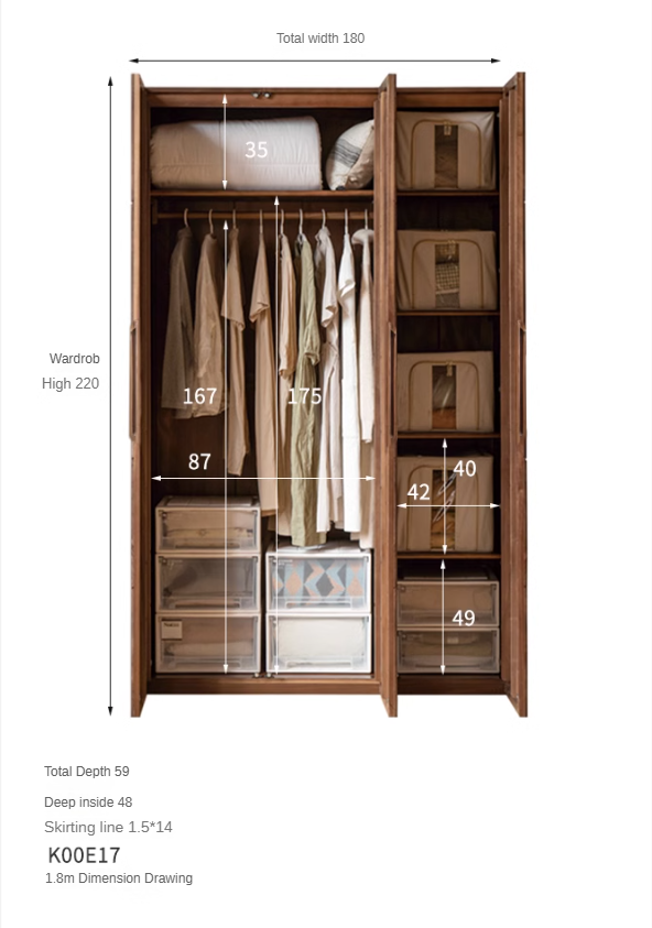Premium Black Walnut Solid Wood Wardrobe - Double Door Closet with Mirror | Spacious Storage for Bedroom, Walk-in Closet & Guest Room Organization
