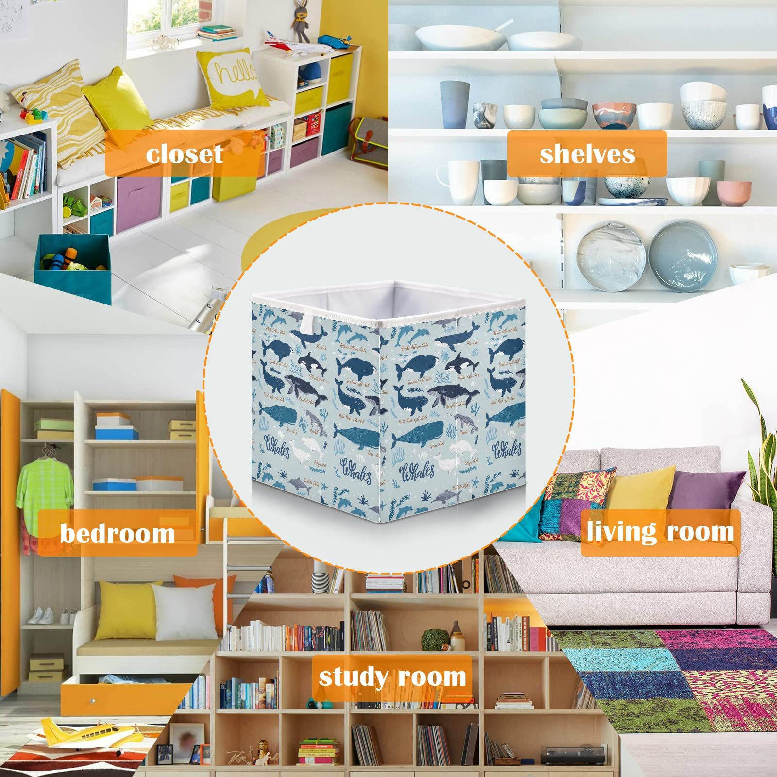 Collapsible Storage Box - Foldable Square Basket Bin with Marine Sea Whales & Blue Seaweeds Design | Light Blue Nursery Organizer for Toys, Clothes | Easy to Assemble | Perfect for Kids' Room, Playroom & Home Organization