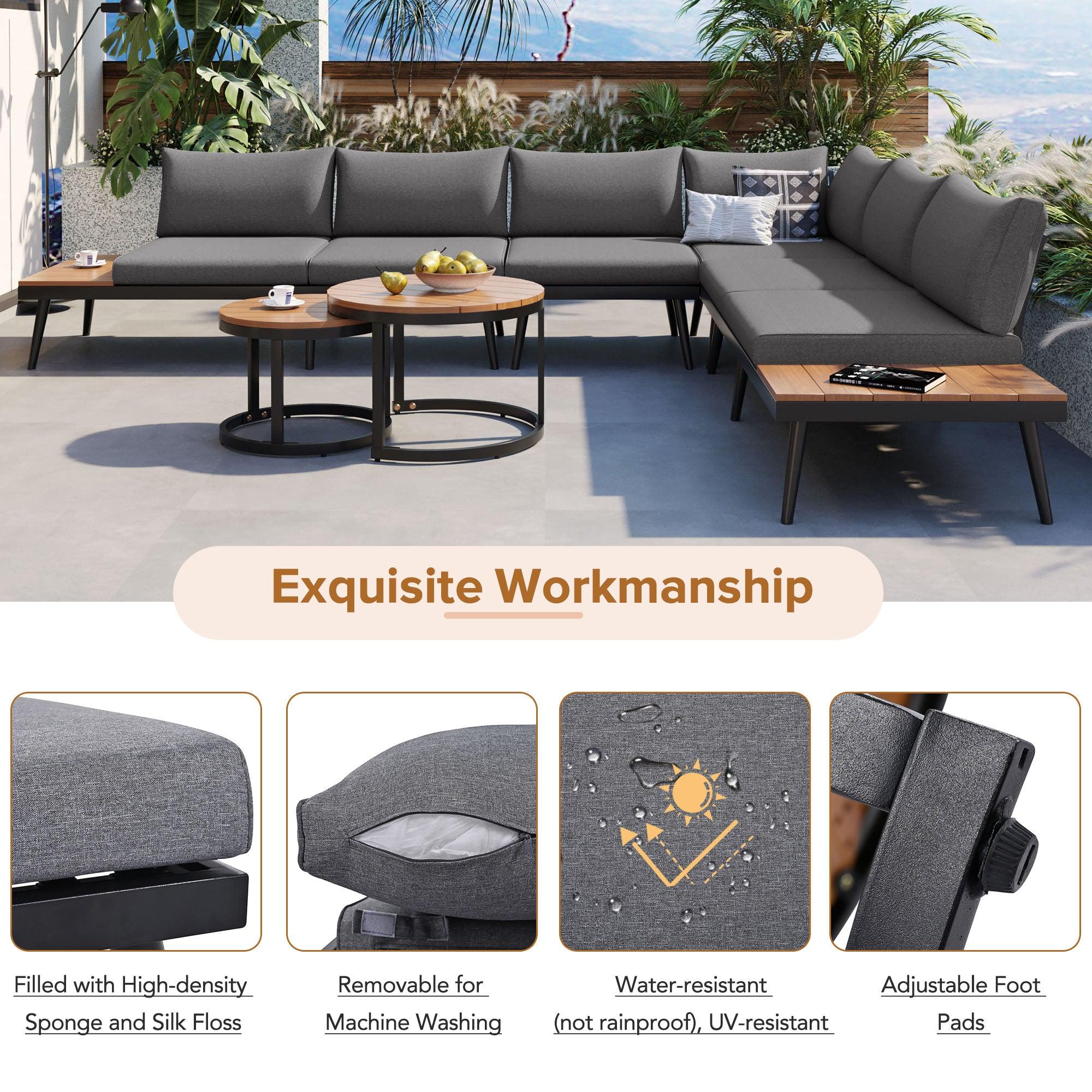 6-Piece Outdoor Sectional Sofa Set with Round Nesting Coffee Tables & Cushioned Seating - Patio, Porch, Garden Furniture for Backyard, Poolside & Outdoor Living Spaces