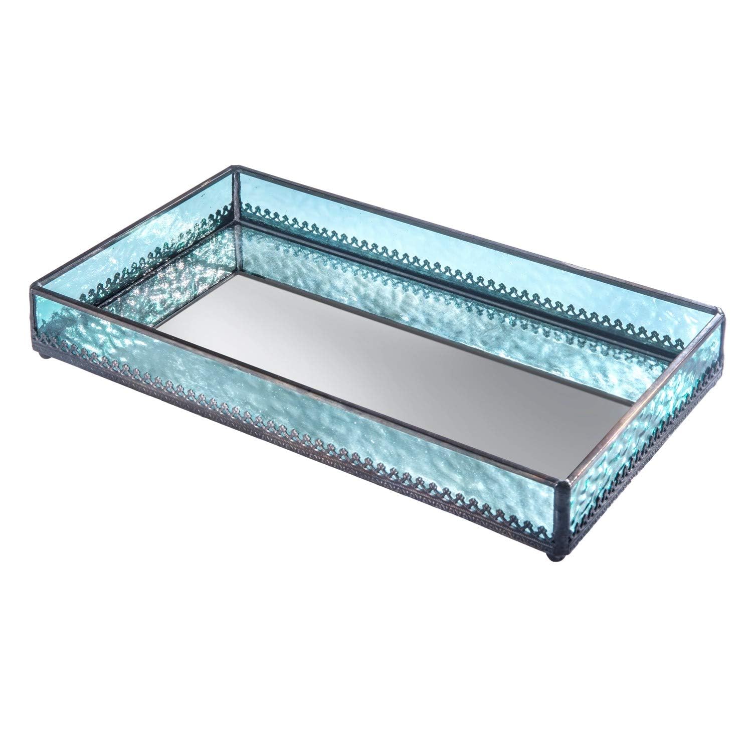 Turquoise Blue Glass Tray with Mirrored Bottom - Jewelry & Makeup Organizer for Bathroom Vanity & Dresser