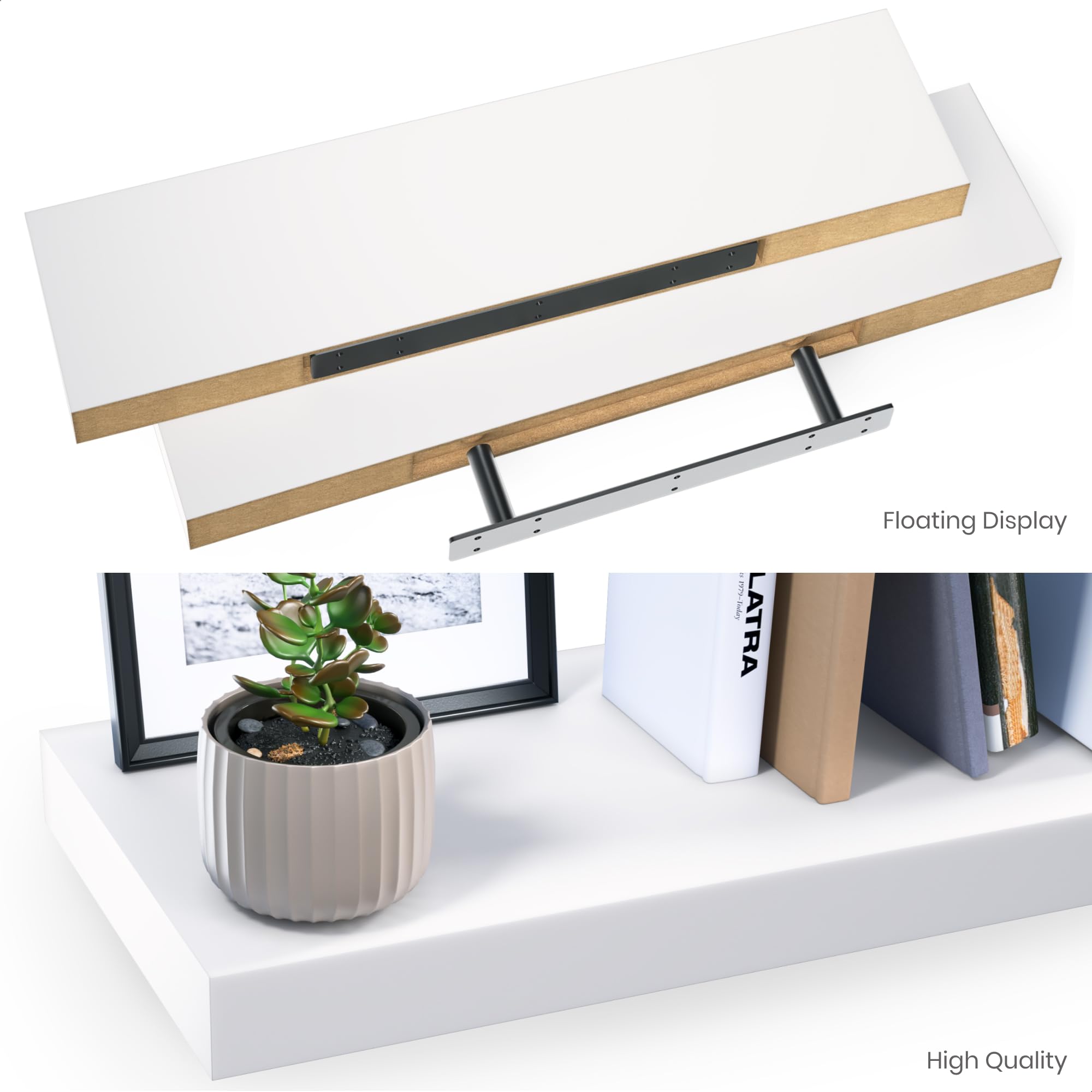 Ballucci Floating Shelves Set of 2 - 24 Inch White Wood Wall Shelves with Invisible Brackets - 6 Inch Depth - Perfect for Bathroom Storage, Living Room Decor, Bedroom Organization & Kitchen Display - Sturdy & Stylish Home Shelving Solution