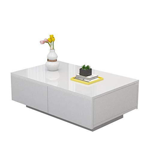 POCREATION Modern High Gloss Coffee Table with 4 Large Drawers - MDF Accent Tea Cocktail Sofa Table for Living Room, Perfect for Home Decor & Entertaining Guests