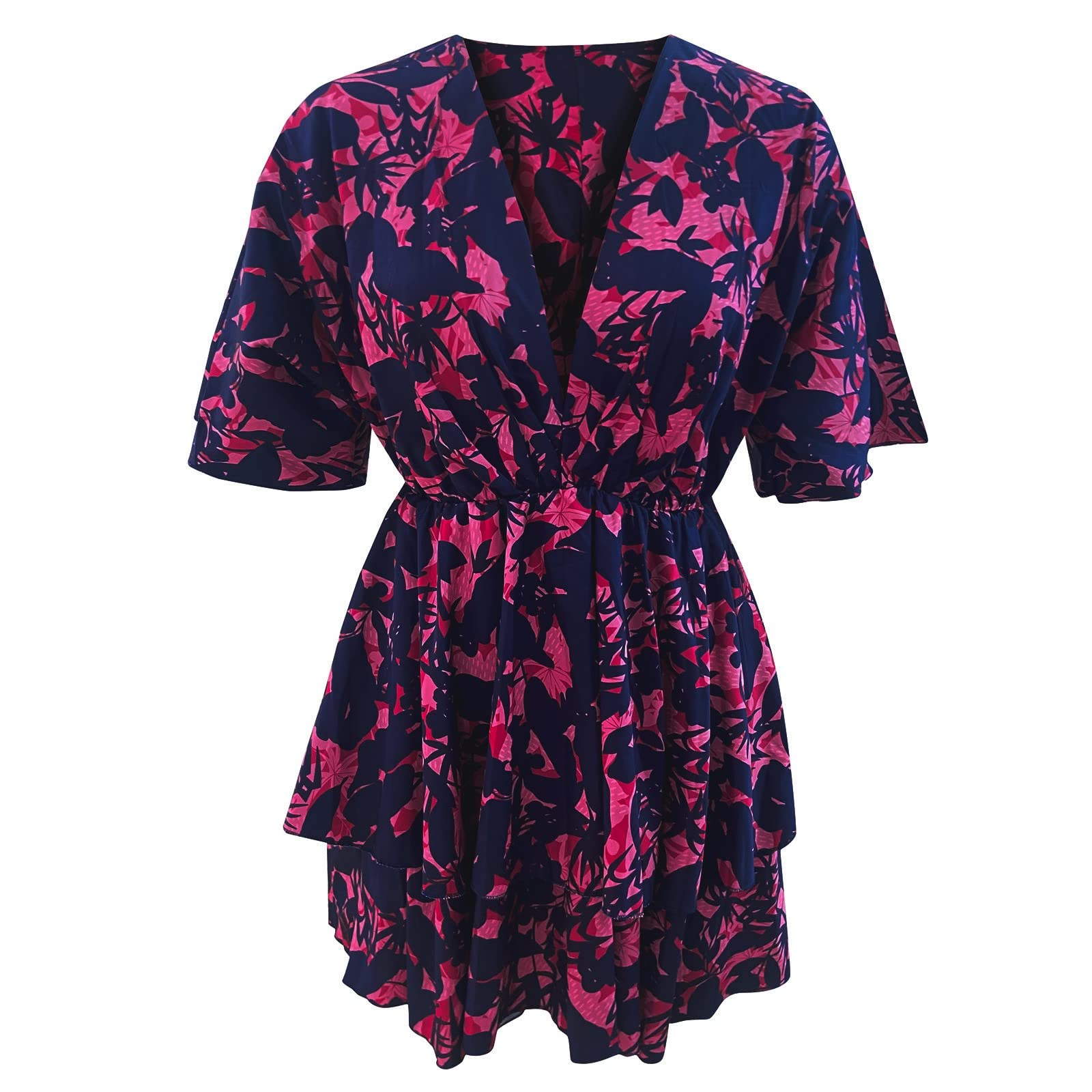 Plus Size Summer Dresses for Women - V-Neck Loose Batwing Sleeve Elastic Waist Printed Mini Romper | Beach Vacation, Casual Outing, Date Night Outfit