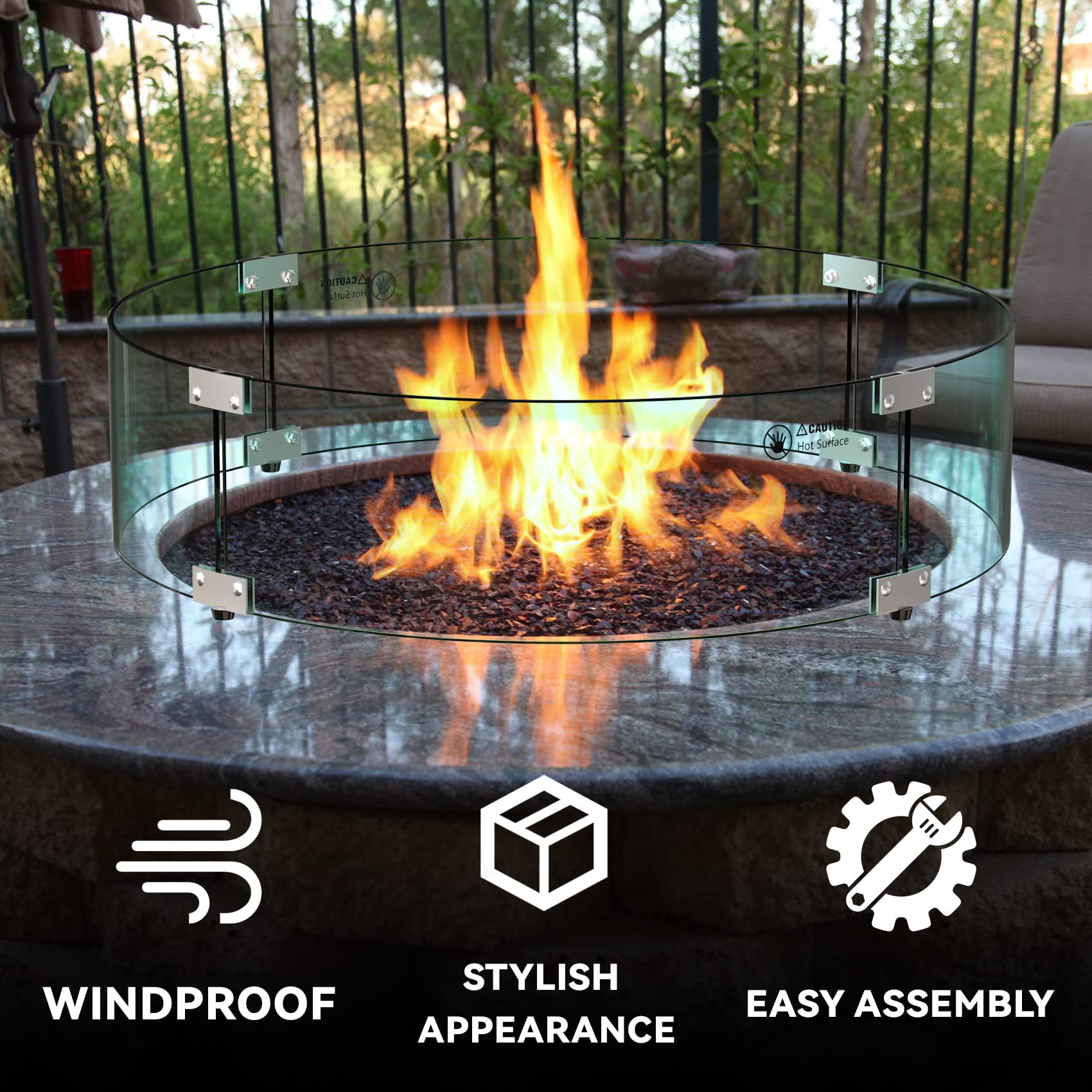 Skyflame 24-Inch Round Fire Pit Wind Guard - Thick Tempered Glass Flame Shield with Sturdy Bracket & Feet - Compatible with Outdoor Propane/Natural Gas Fire Pits & Fire Tables - Perfect for Patio, Backyard, and Camping Gatherings