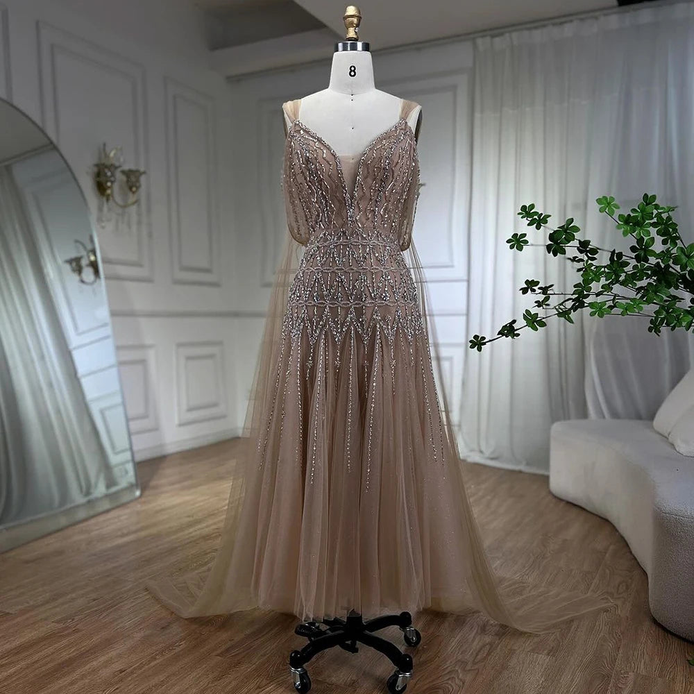 Luxury Dubai Arabic Nude A-Line Midi Strapless Beaded Evening Dress Gown for Women - Wedding, Party, Prom, Formal Occasions LA71911