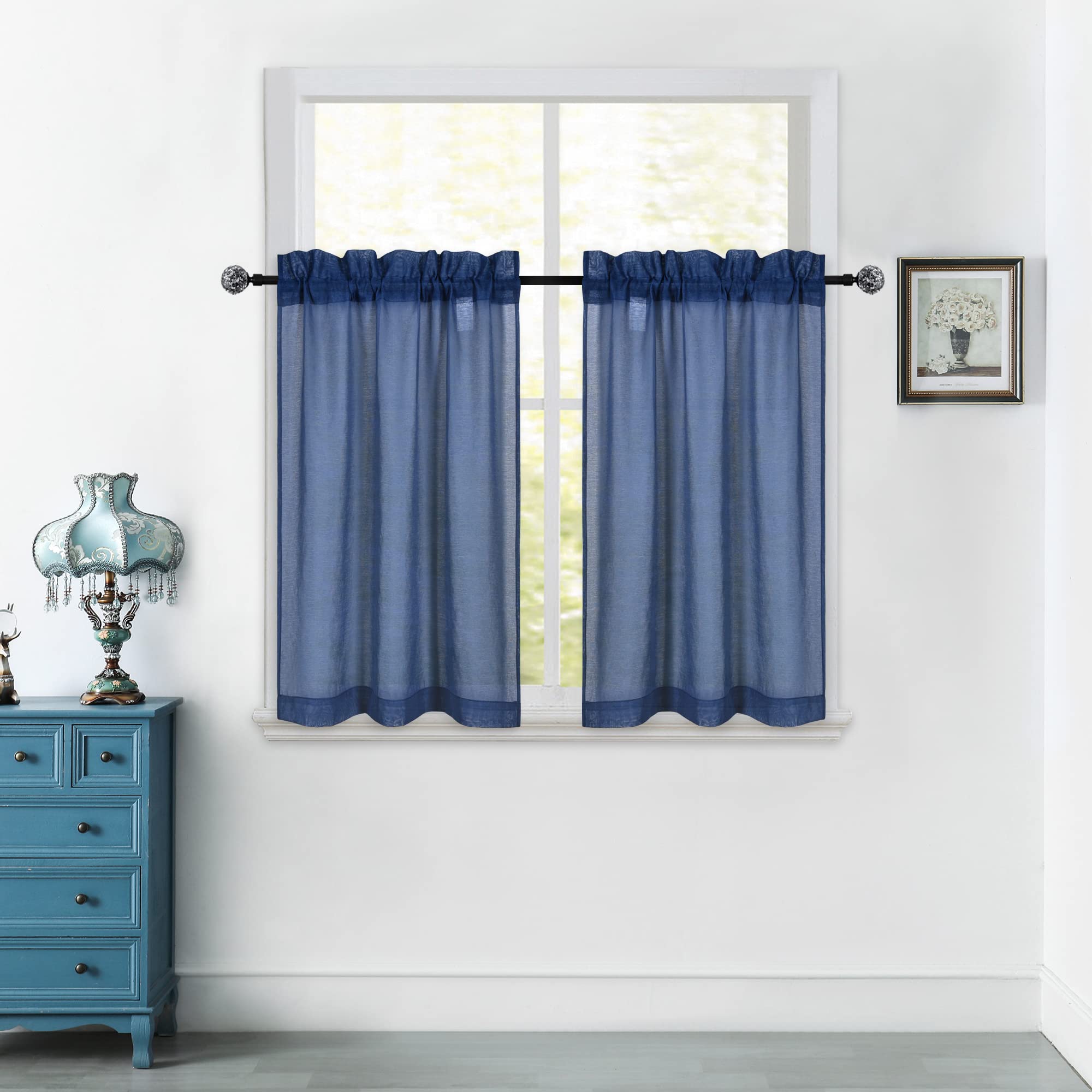 Navy Blue Sheer Kitchen Curtains 36 Inch Length - Tier Cafe Curtains with Rod Pocket, Linen-Look Semi-Sheer Drapes for Privacy - Perfect for Basement, Bathroom & Small Windows (34x36 Inches) - Ideal for Kitchen Decor, Breakfast Nook & Cozy Home Atmosphere