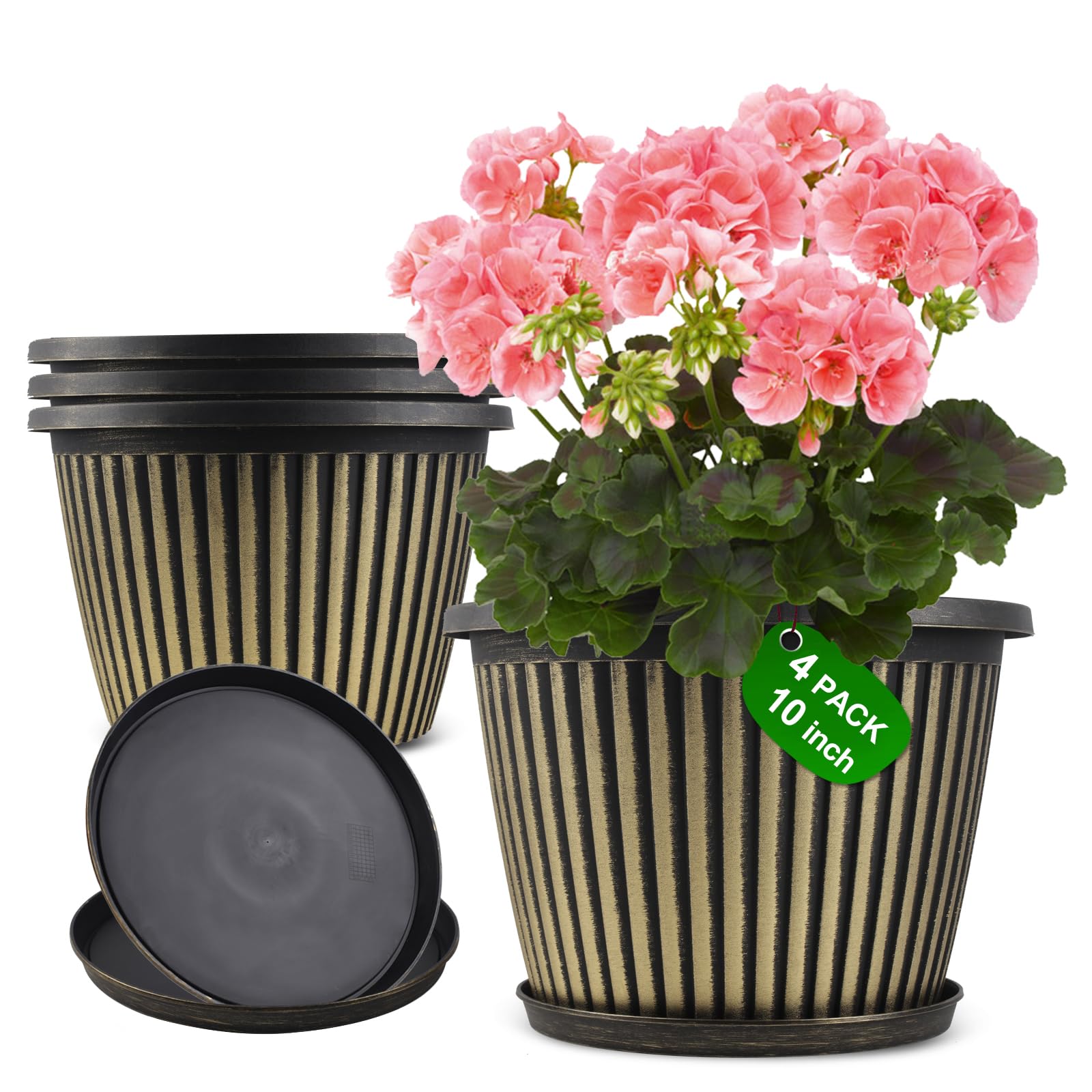 10 Inch Plastic Flower Pots with Saucer - 4 Pack Indoor Outdoor Planters with Drainage Holes for Medium Large Plants | Modern Decorative Resin Garden Planters for Home, Office, Balcony & Patio Decor