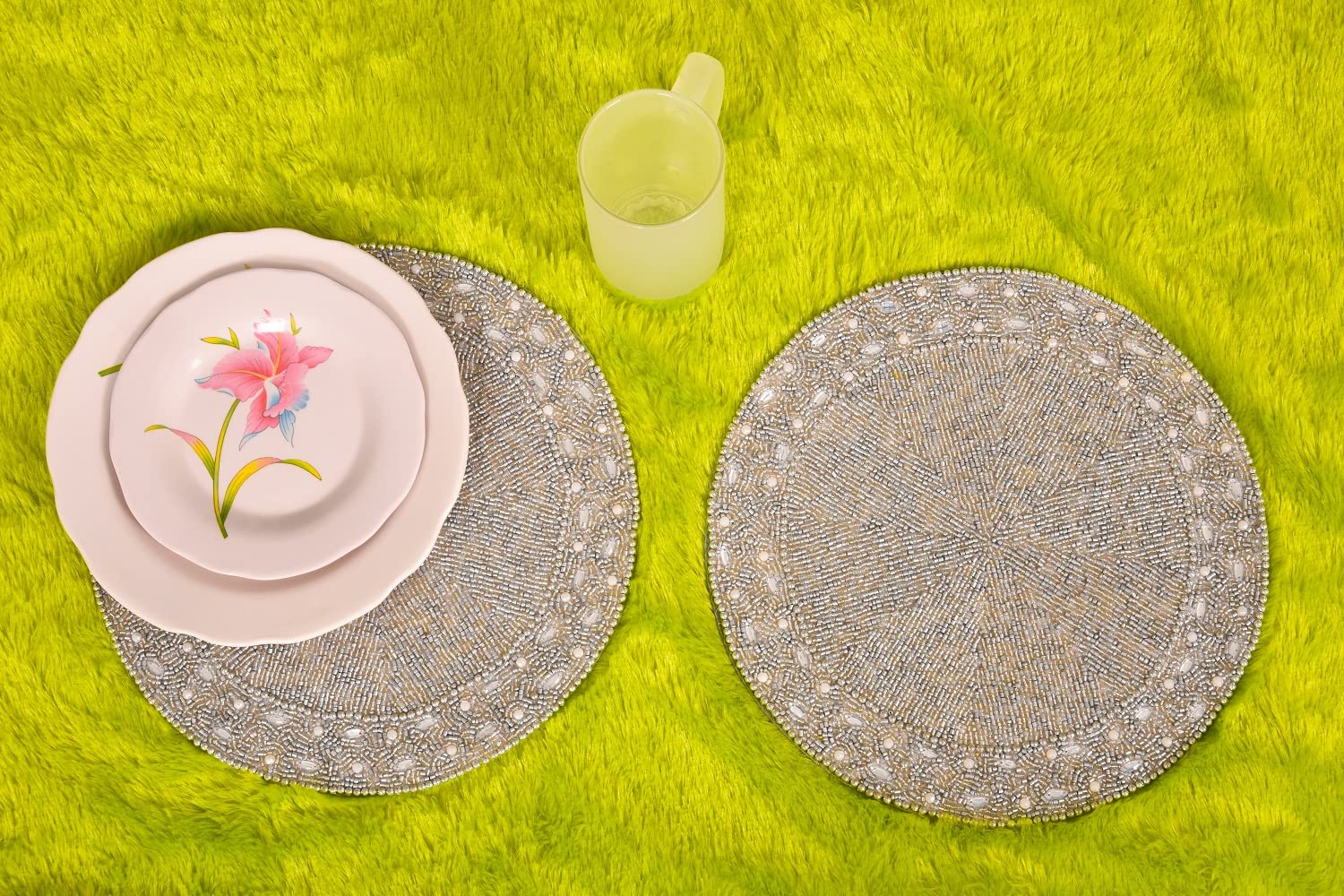 HM Creations Treasures Silver Beaded Placemats - Luxury 13x13 Inch Table Mats, Designer Charger Plates for Spring Dining Decor, Wedding & Holiday Table Settings (Set of 6)