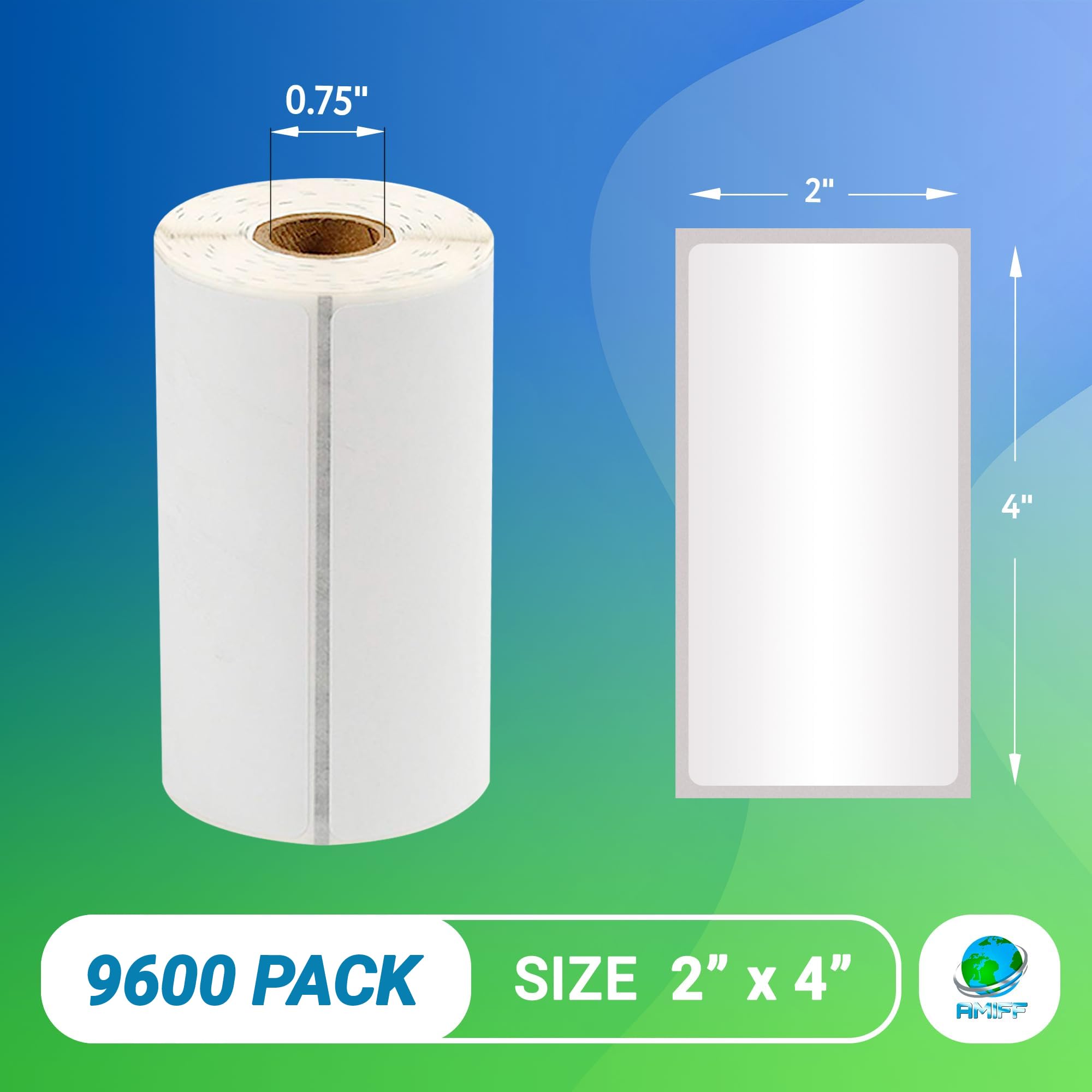 AMIFF 4 x 2 Inch White Direct Thermal Labels - 9600 Pack Self-Adhesive Shipping Labels with Timing Mark & 0.75 Inch Core | Perforated for Easy Use | Compatible with Mobile Printers | Ideal for E-commerce, Logistics & Package Shipping