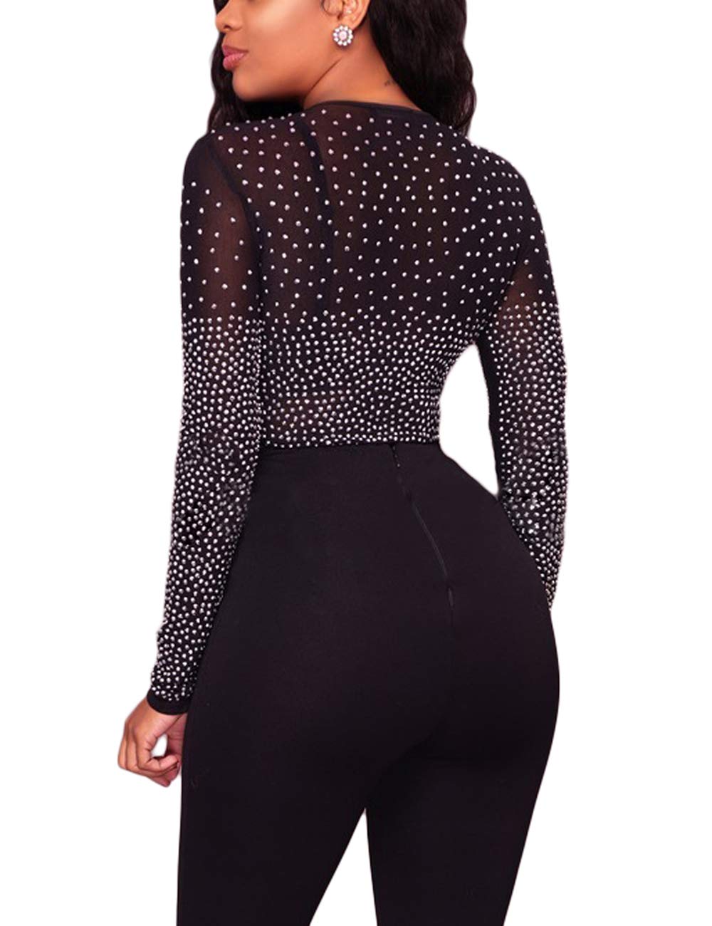 SEBOWEL Women's Long Sleeve Mesh See-Through Jumpsuit Bodysuit Top Leotard - Sexy Lingerie for Date Night, Clubwear & Fashion Layering