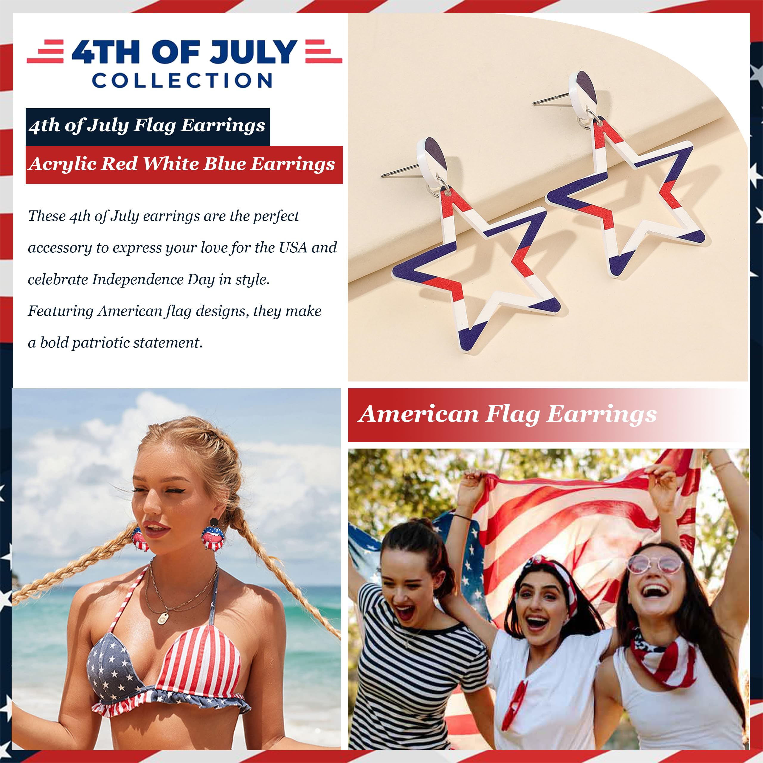 4th of July Patriotic Earrings for Women - Red White & Blue Star Dangle Drop Earrings - USA Flag Independence Day Jewelry Accessories - Perfect for 4th of July Outfits, Parties & Festive Celebrations