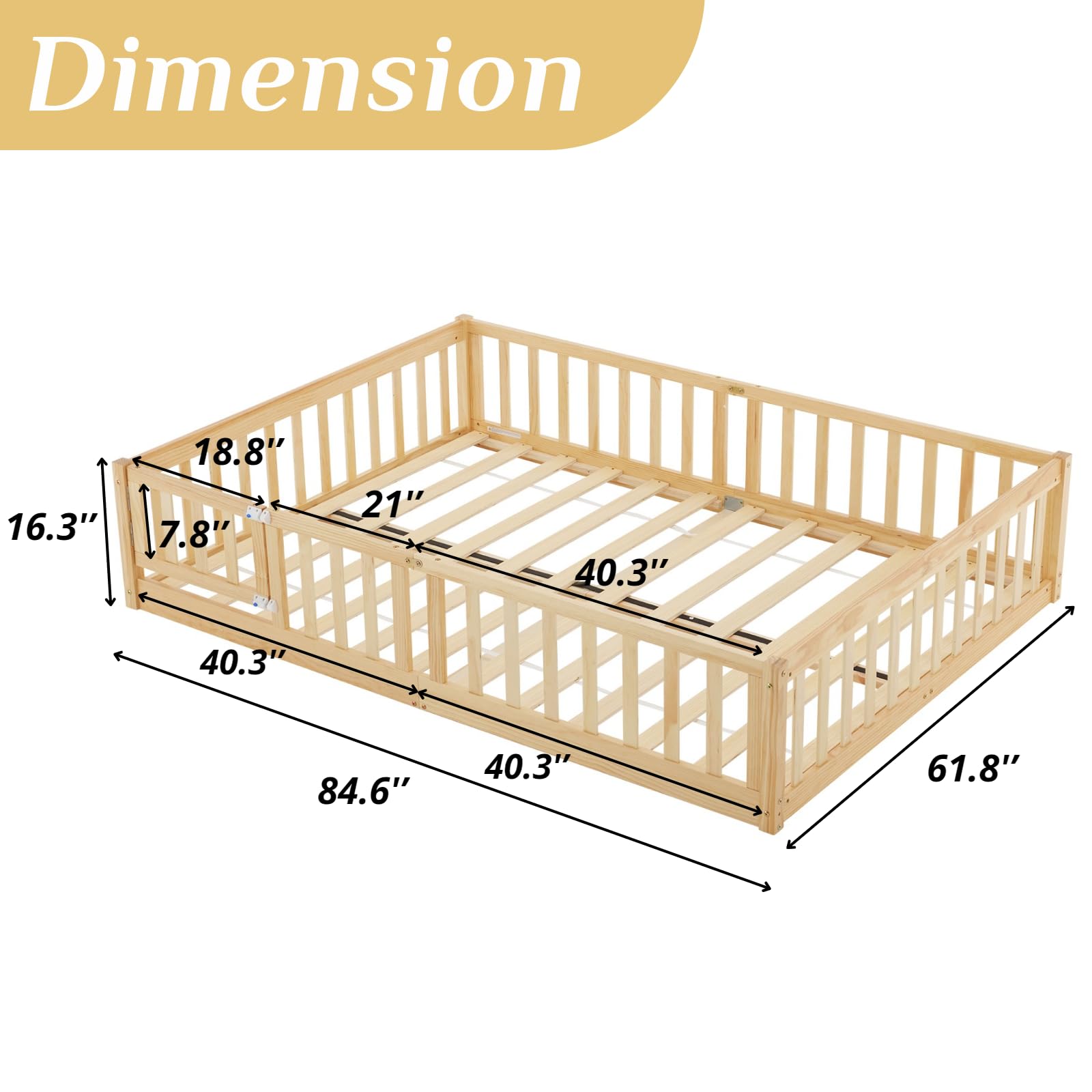 Montessori Toddler Floor Bed with Door & Safety Fence - Solid Wood Queen Size Kids Bed Frame with 12 Slats & Guardrails for Boys & Girls (Natural) - Perfect for Montessori Bedrooms, Safe Sleep Training & Child Independence Development