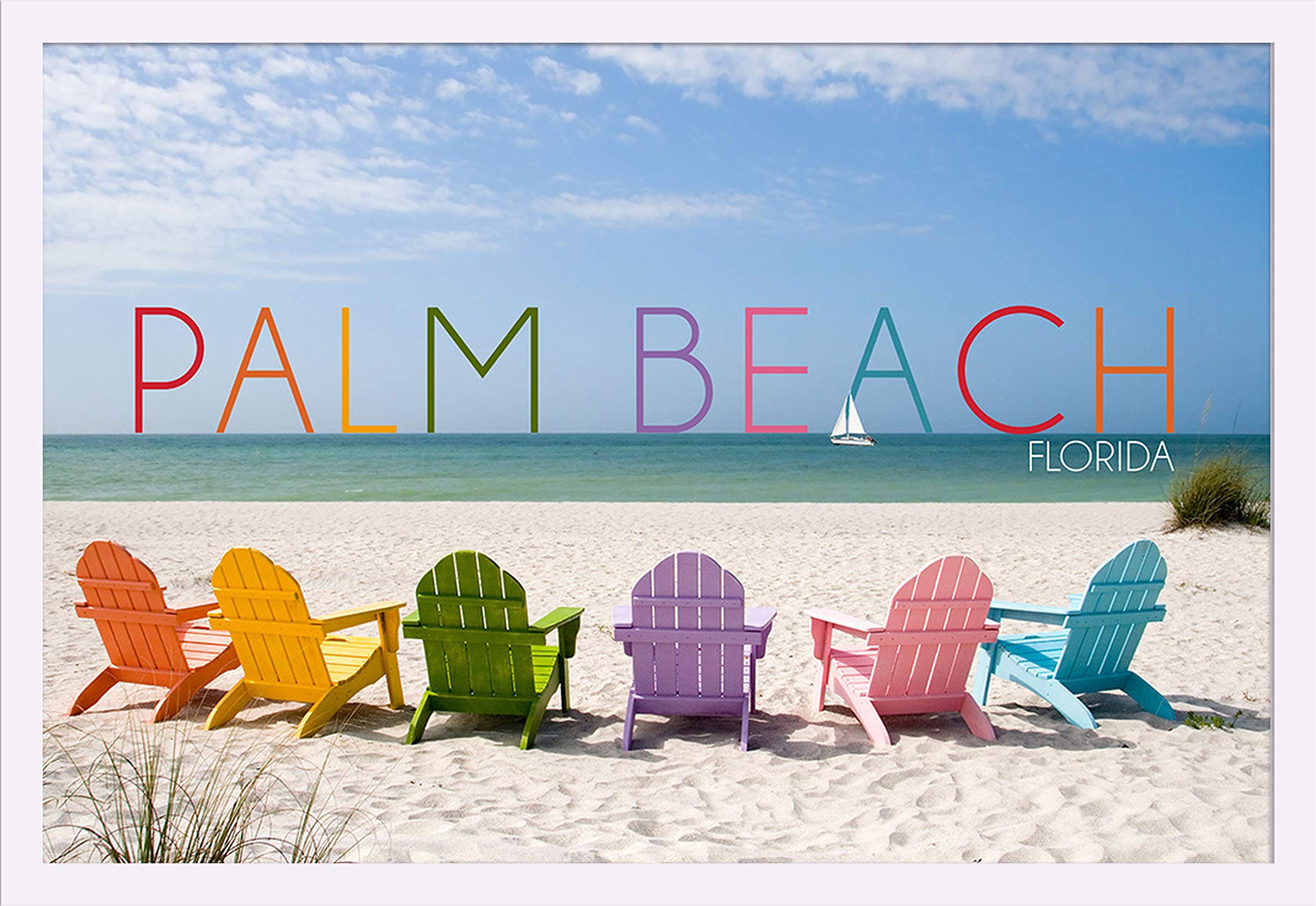 Florida Palm Beach Colorful Beach Chairs 36x24 Giclee Art Print - Gallery Framed White Wood Wall Decor for Coastal Living Room, Bedroom or Office