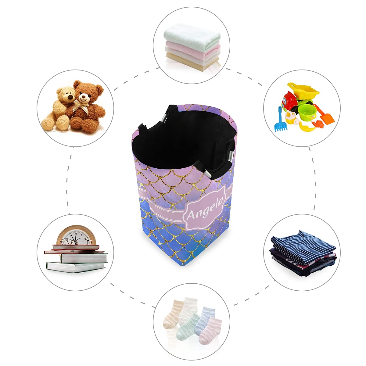 DOMIKING Custom Laundry Hamper - Personalized Collapsible Storage Basket with Mermaid Scales Design, Kids Room Organizer for Clothes, Toys & Dorm Essentials | Perfect for Nursery, Bedroom & College Dorm Organization