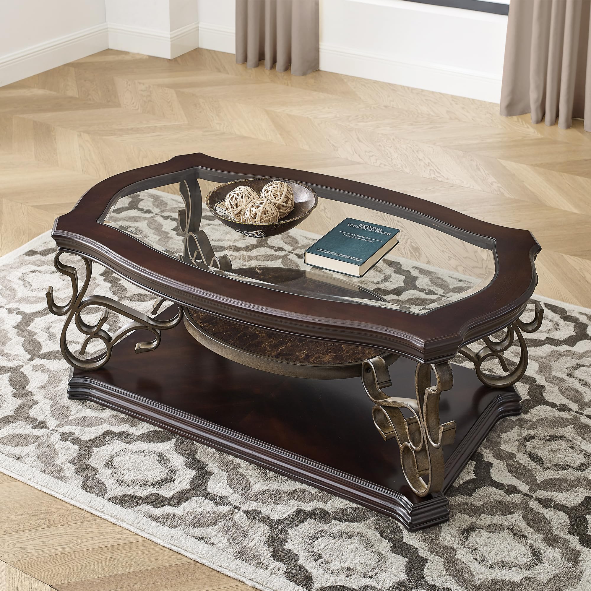 Vintage Oval Coffee Table with Tempered Glass Top and Middle Shelf - Traditional Cocktail Table for Living Room - Easy Assembly Home Furniture - Perfect for Small Spaces, Apartments and Cozy Living Rooms