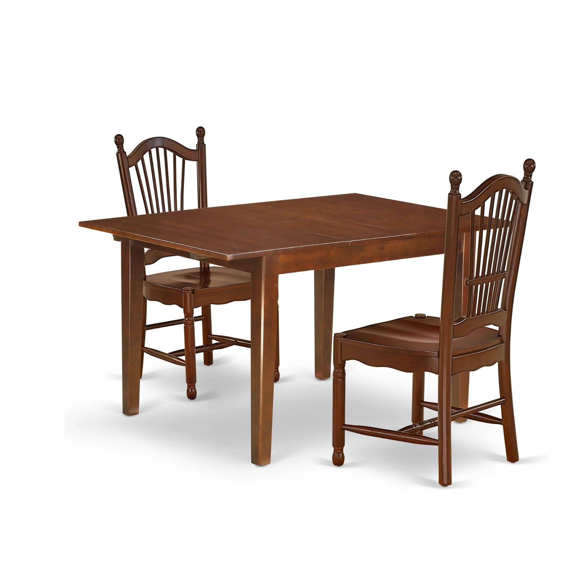 Modern 3-Piece Dining Table Set with Butterfly Leaf & 2 Chairs - 36x54 Inch Mahogany Wood Rectangle Table for Kitchen, Dining Room & Small Spaces | East West Furniture MLDO3-MAH-W