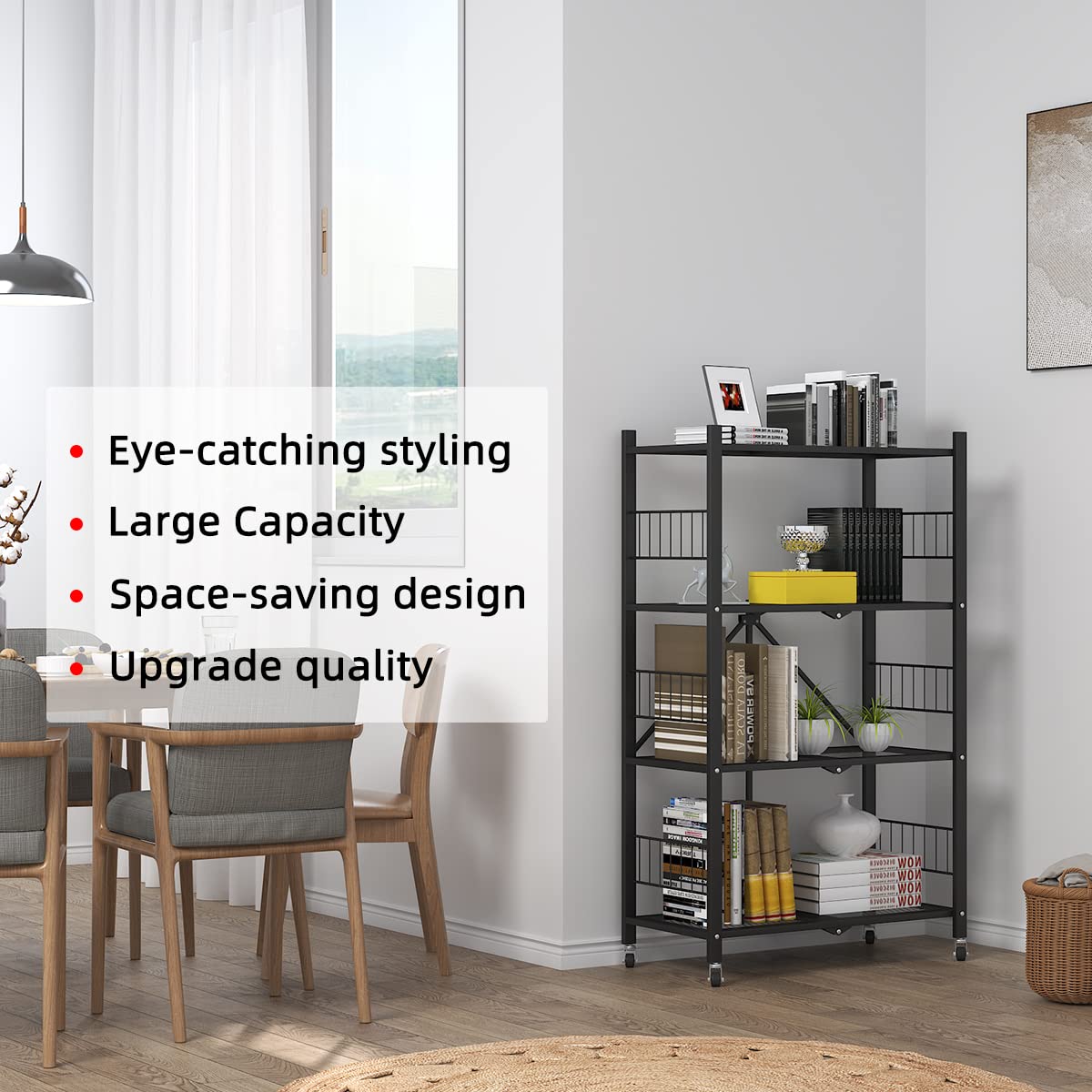 5-Tier Metal Folding Storage Shelves with Wheels - Heavy Duty Collapsible Shelving Unit for Garage, Kitchen, Pantry & Closet Organization - No Assembly Rolling Shelf Rack