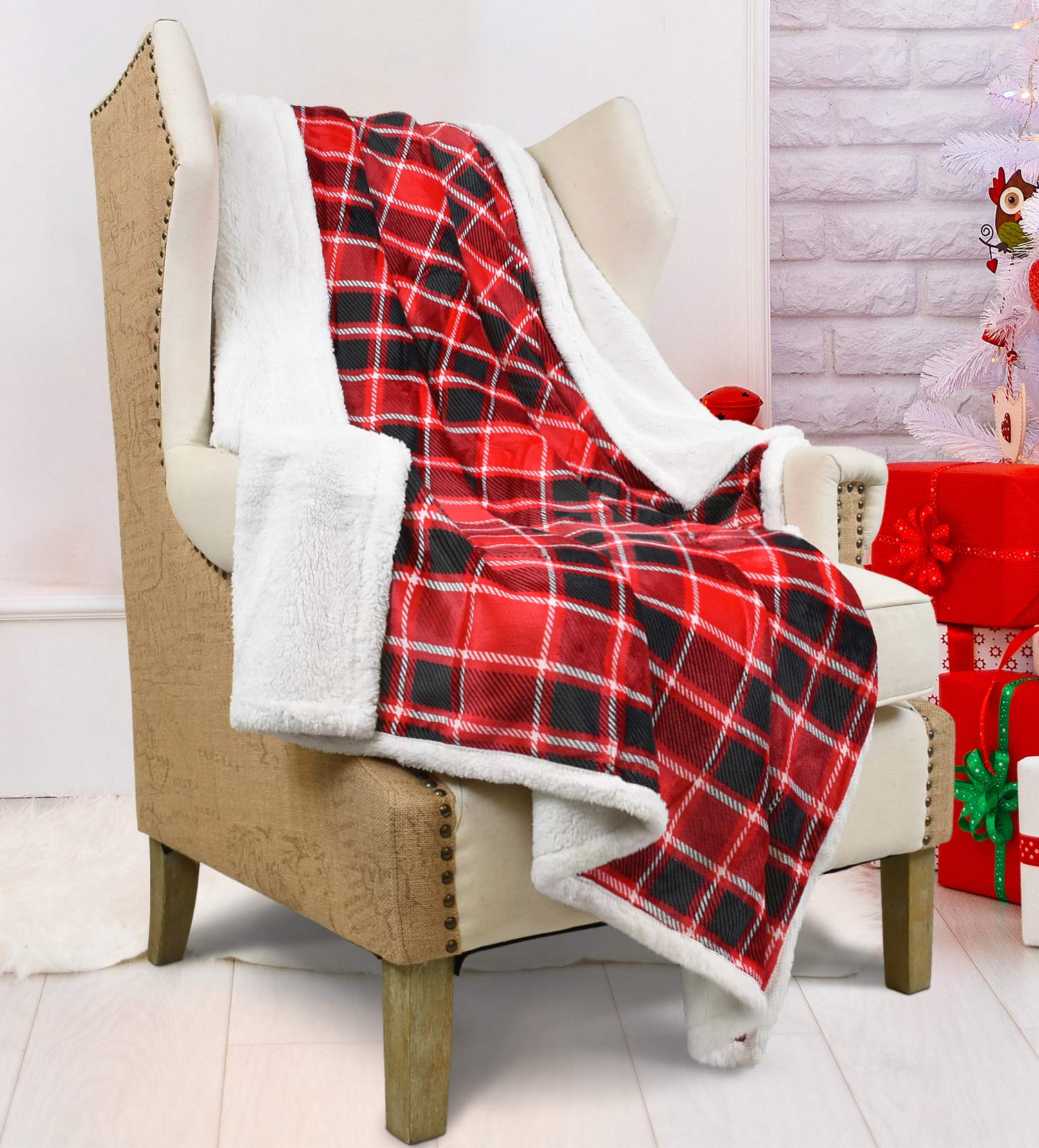 Super Soft Cabin Plaid Sherpa Fleece Blanket - Reversible Buffalo Check Throw Blanket 50